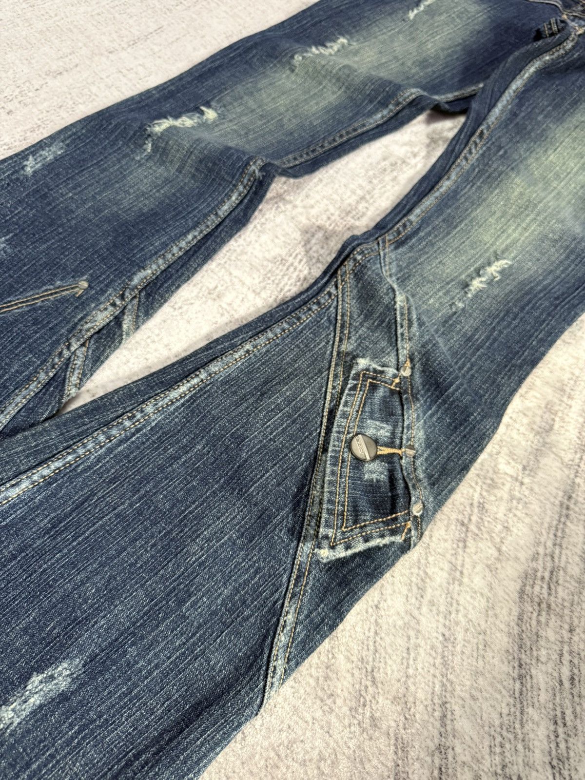 Japanese Brand × Le Grande Bleu (L.G.B.) × Tornado Mart GHC Deconstructed Panel Green Mud Wash Low Rise Flared Jeans Size US 27 - 6 Thumbnail