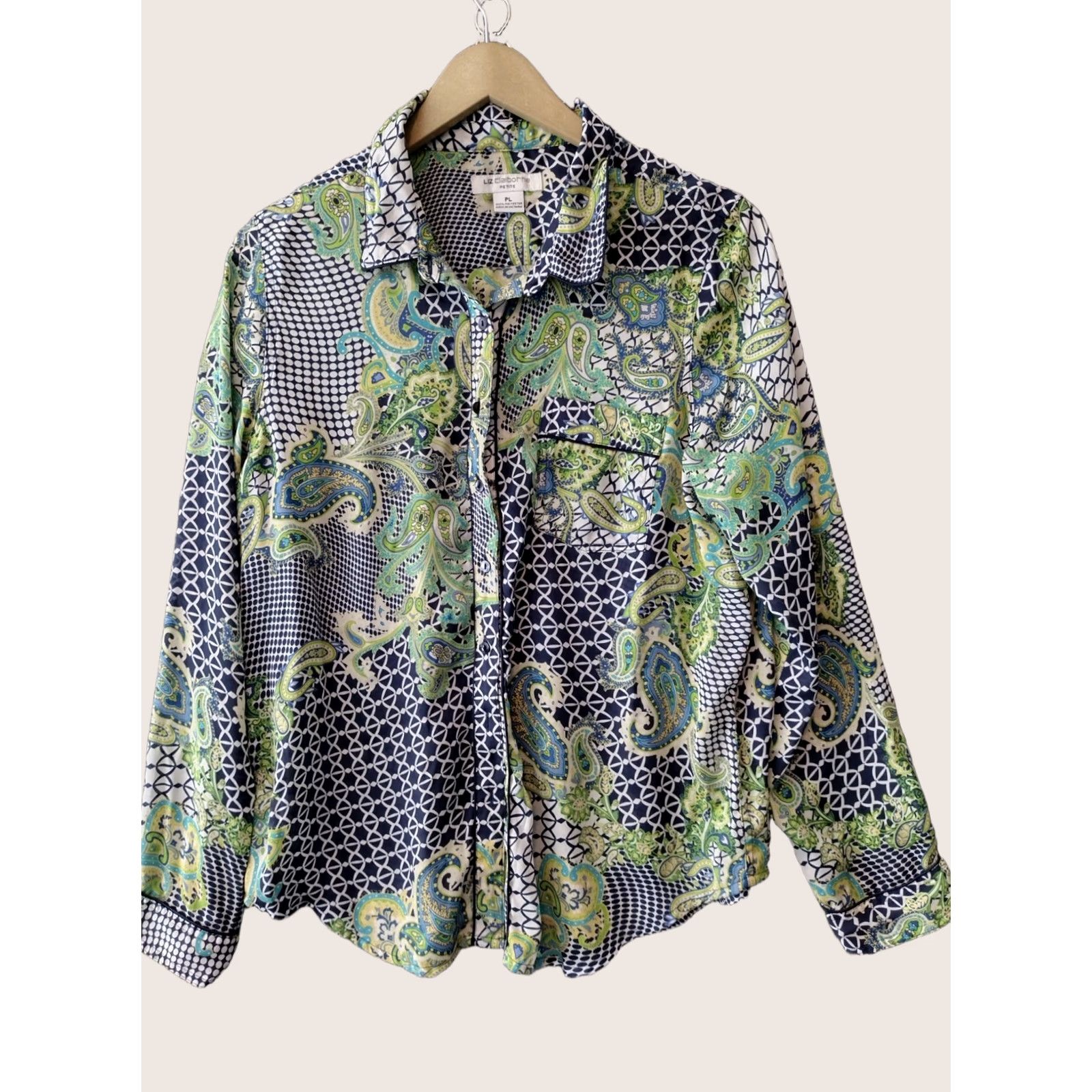 Liz Claiborne Liz Claiborne Shirt Blouse Women's PL Green/Blue Paisley Button Up Shirt Women Long Sleeve Casual Business Purple? Size L / US 10 / IT 46 - 1 Thumbnail