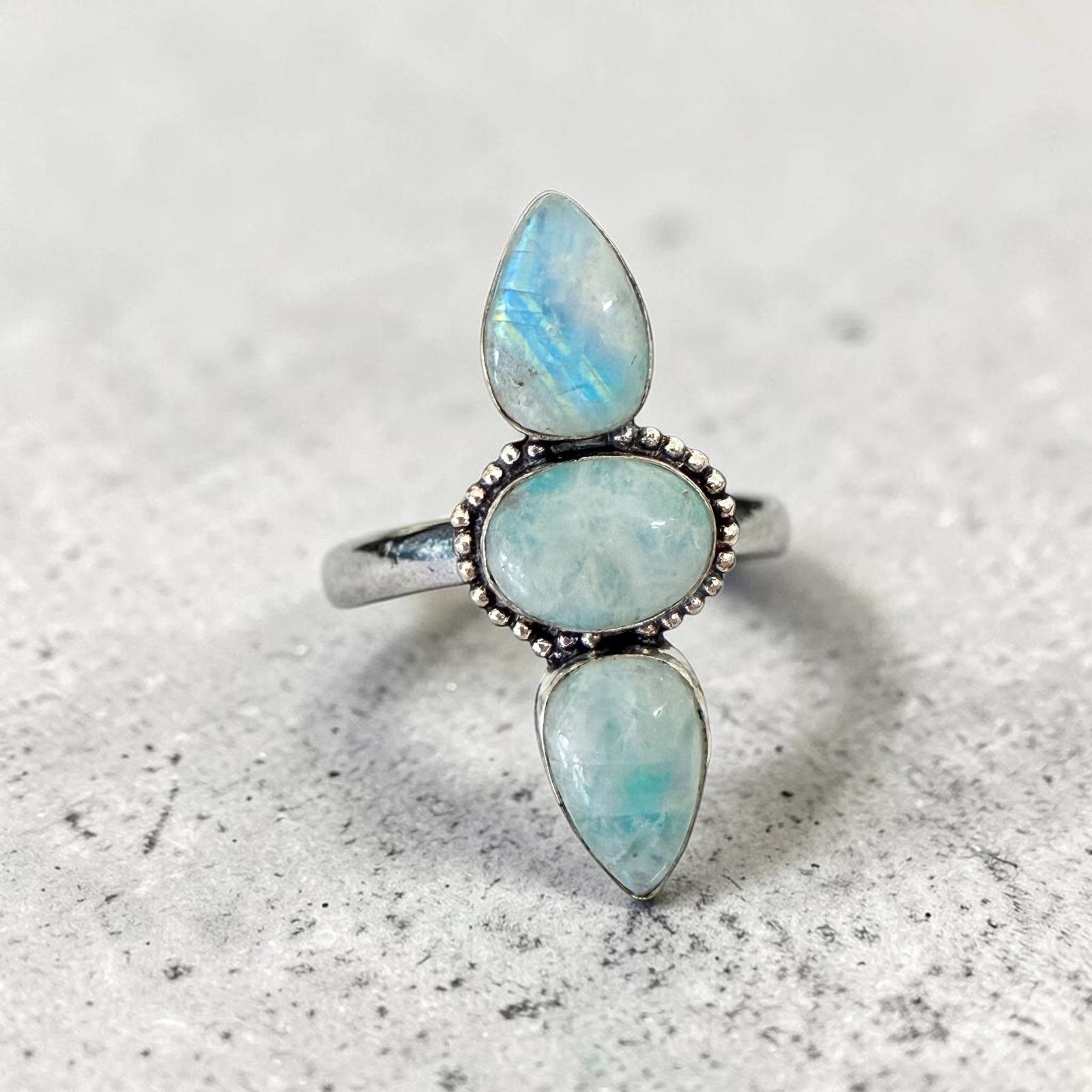 Other Rainbow Moonstone 3 Stone Statement Ring 925 Silver Overlay Size ONE SIZE - 1 Thumbnail