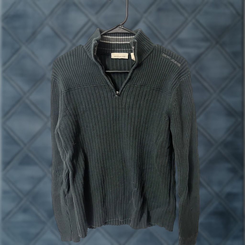 DKNY DKNY Mens Sweater Medium Black 1/4 Zip Mock Neck Ribbed Knit Pullover Cotton Blend Size US M / EU 48-50 / 2 - 1 Thumbnail