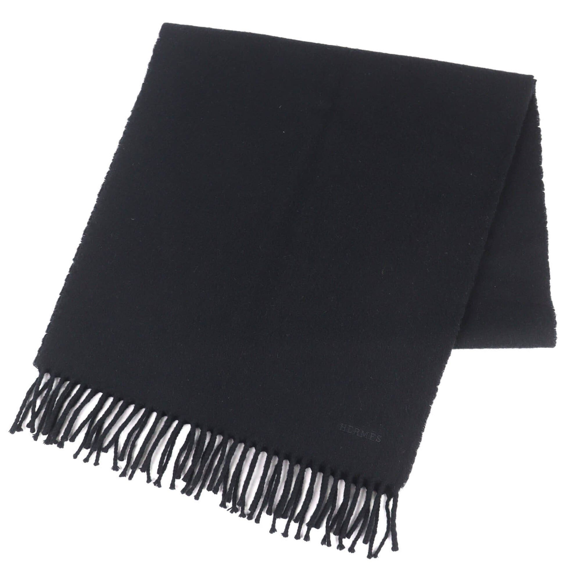 Hermes HERMES 100% Cashmere Scarf/Stole with Logo Embroidery and Fringe, Simple Design, Black, Made in England, Men's/Women's. Size ONE SIZE - 1 Thumbnail