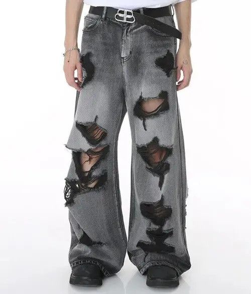 image of Distressed Denim x Jean Worn Out Wide Leg Denim in Grey, Men's (Size 29)