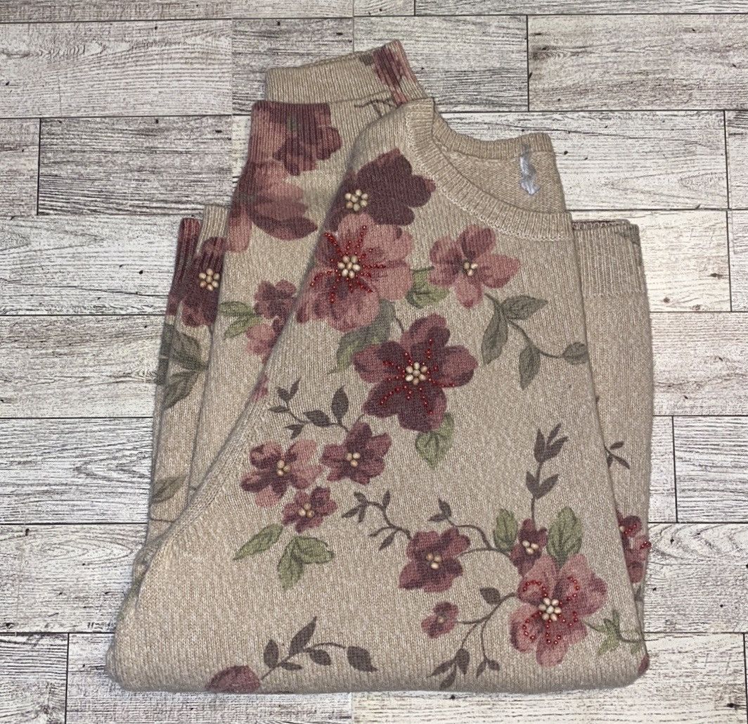 Vintage Vintage, Beige, Floral, Embellished, Pullover Sweatshirt Size S / US 4 / IT 40 - 2 Thumbnail