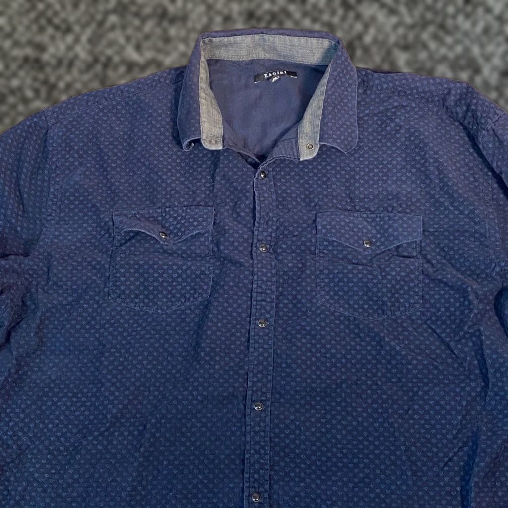 Vintage Zagiri Button-Up Shirt Western Diamond Pattern 3XL Mens Blue Long Sleeve Collared Shirt Size US XXL / EU 58 / 5 - 1 Thumbnail