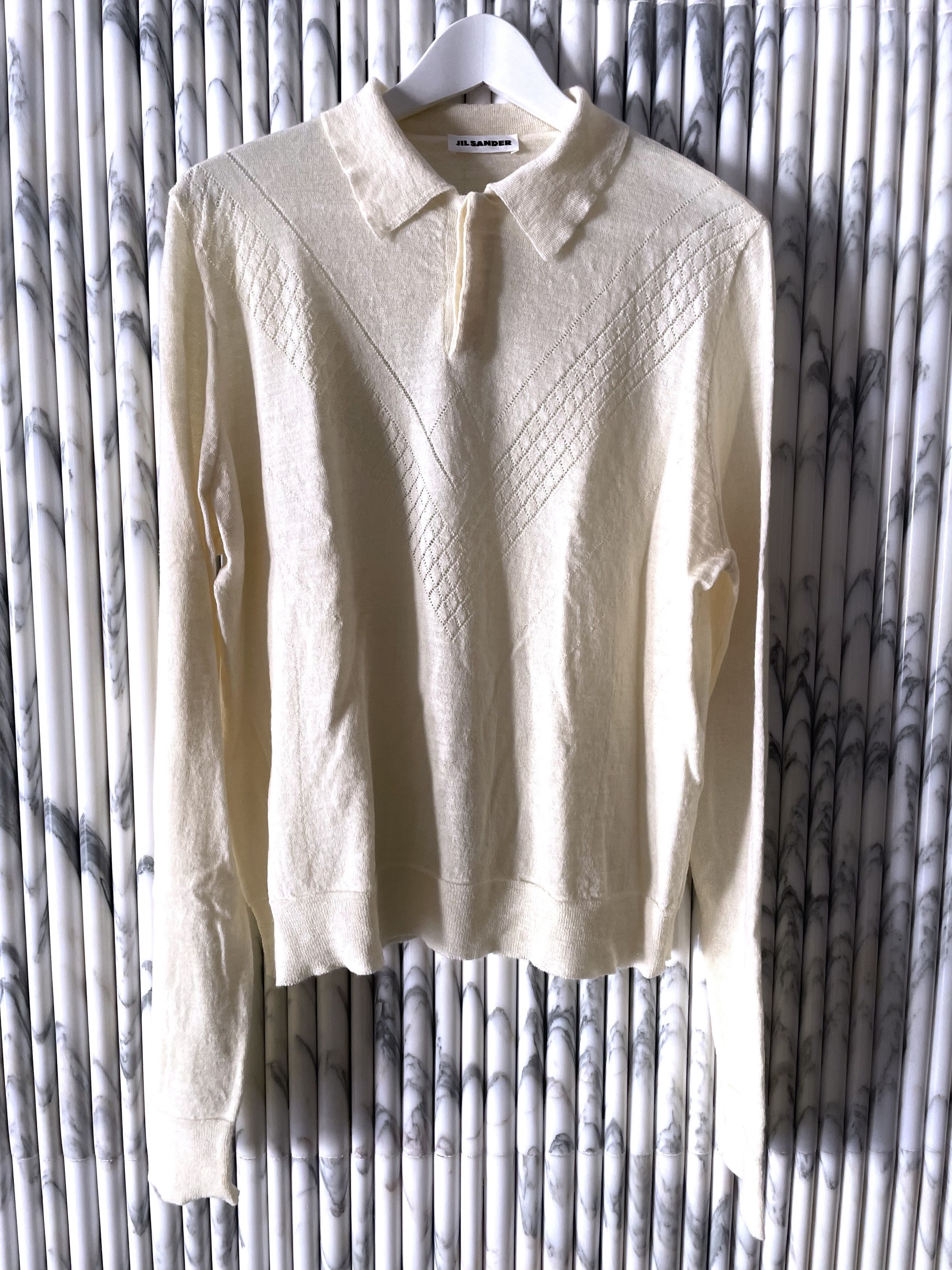 Jil Sander CHEVRON LADDER STITCHED OFF WHITE WOOL POLO SWEATER Size US M / EU 48-50 / 2 - 2 Thumbnail