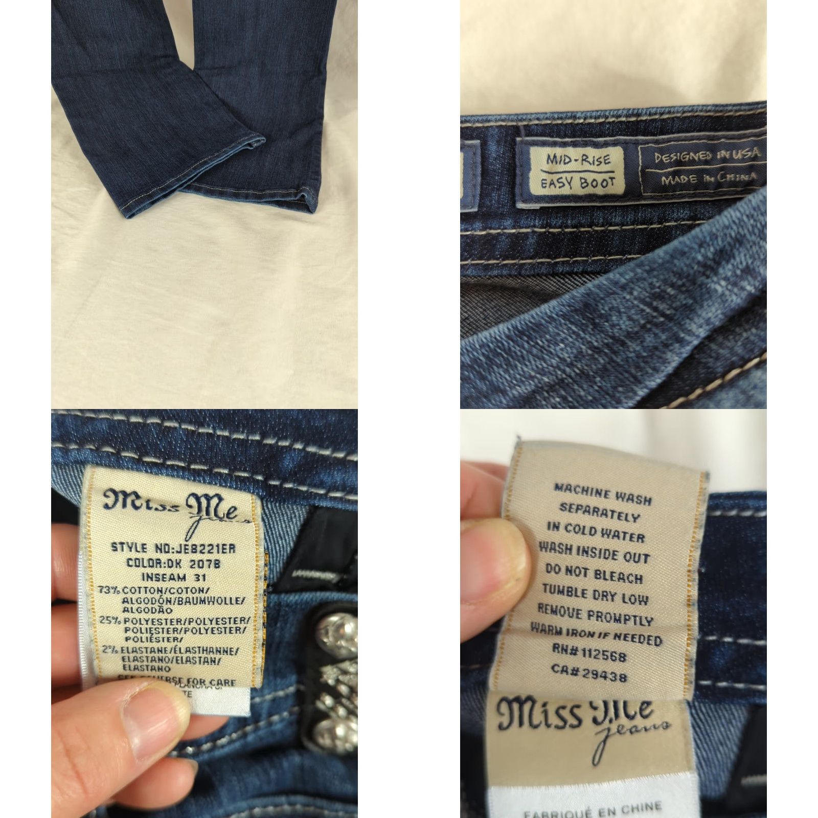 Miss Me Miss Me Jeans Womens Bootcut Mid Rise Dark Wash Rhinestone 5-Pocket Denim 29 Blue Womens Jeans Size 29" - 8 Thumbnail