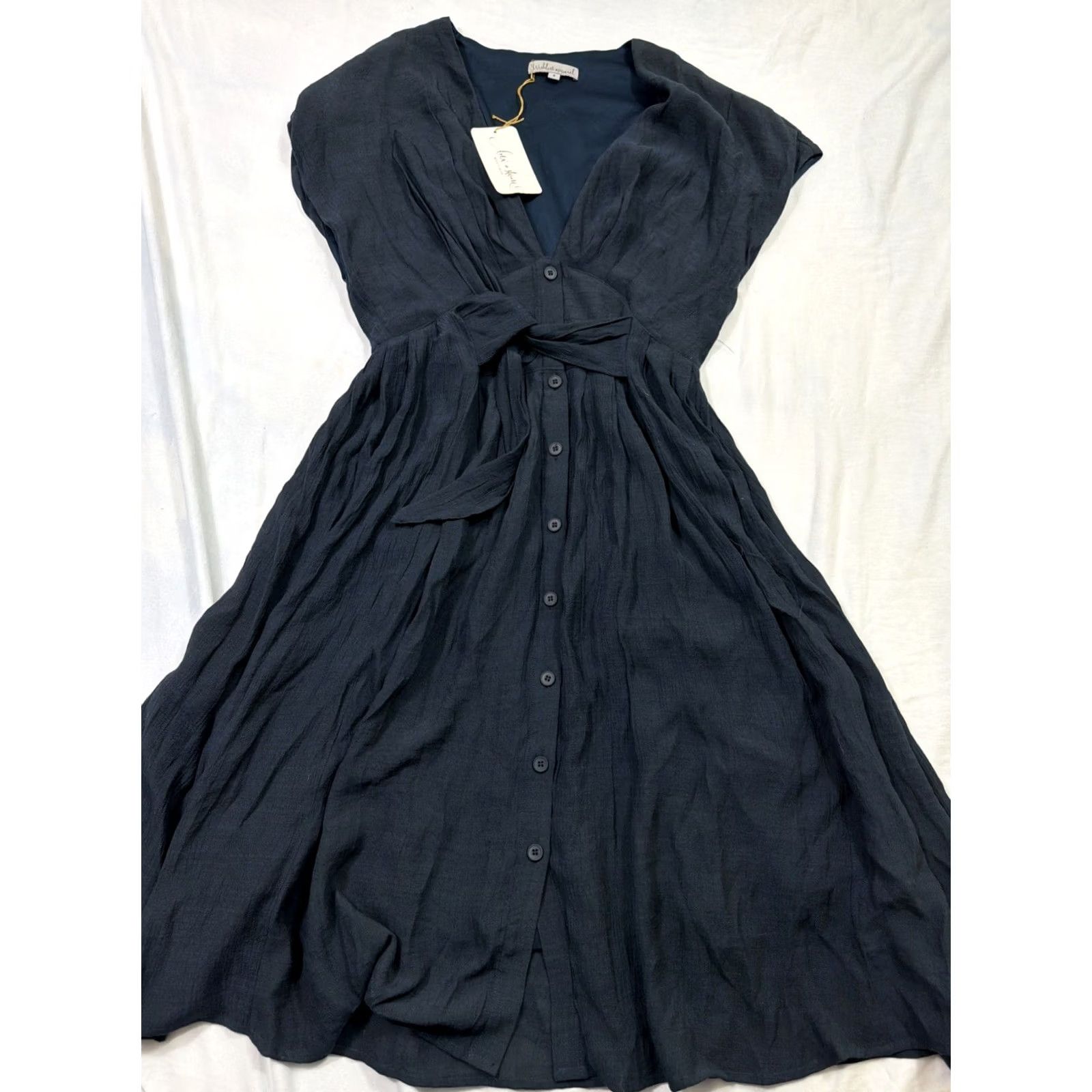 Vintage Wishlist Dress Navy Blue Women’s Short Sleeve Tie Front Polyester Knee Length Fit & Flare S Size 28" / US 6 / IT 42 - 2 Thumbnail