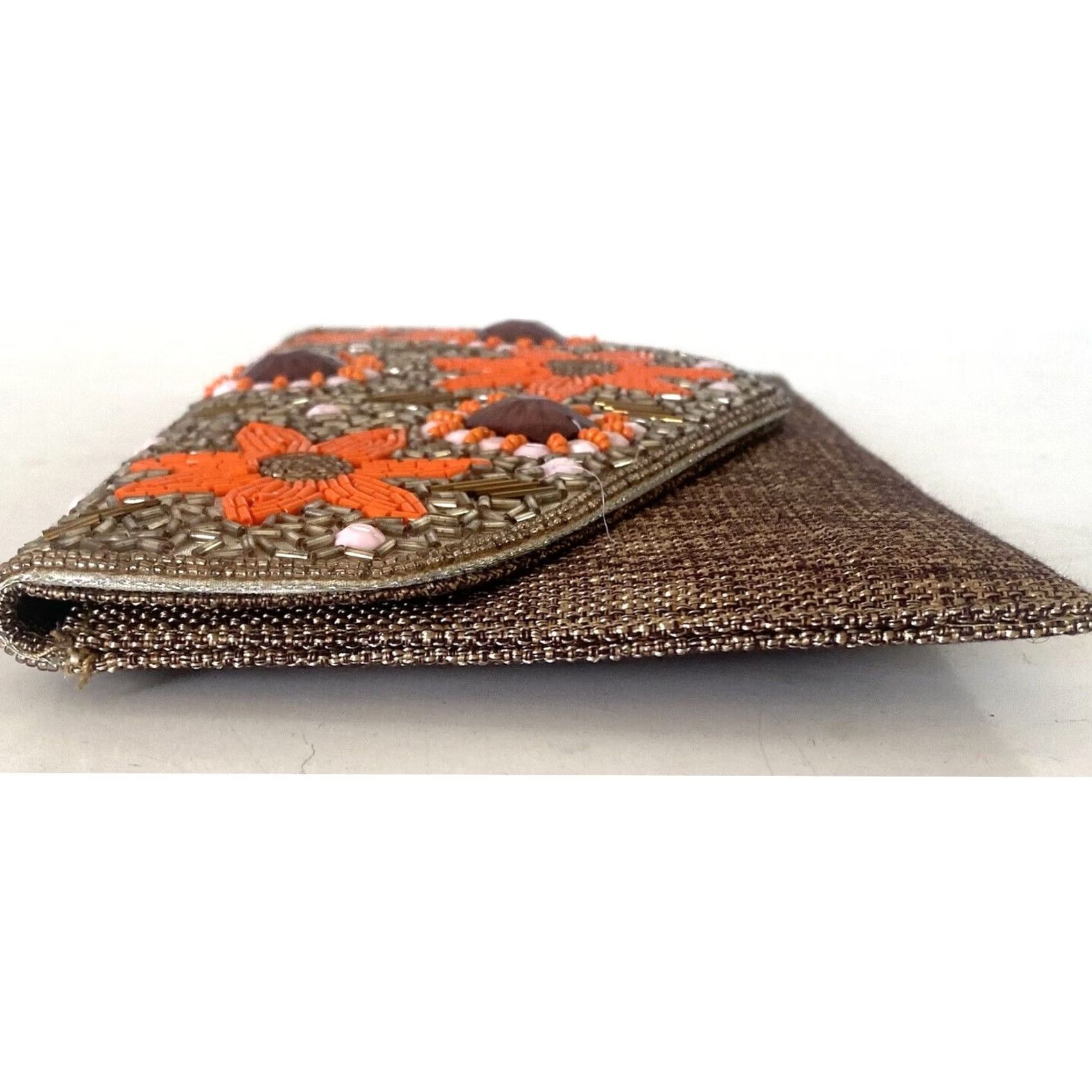 Vintage David Jeffrey Beaded Clutch Purse w/Shoulder Strap Tan Brown Orange Flowers Size ONE SIZE - 5 Thumbnail