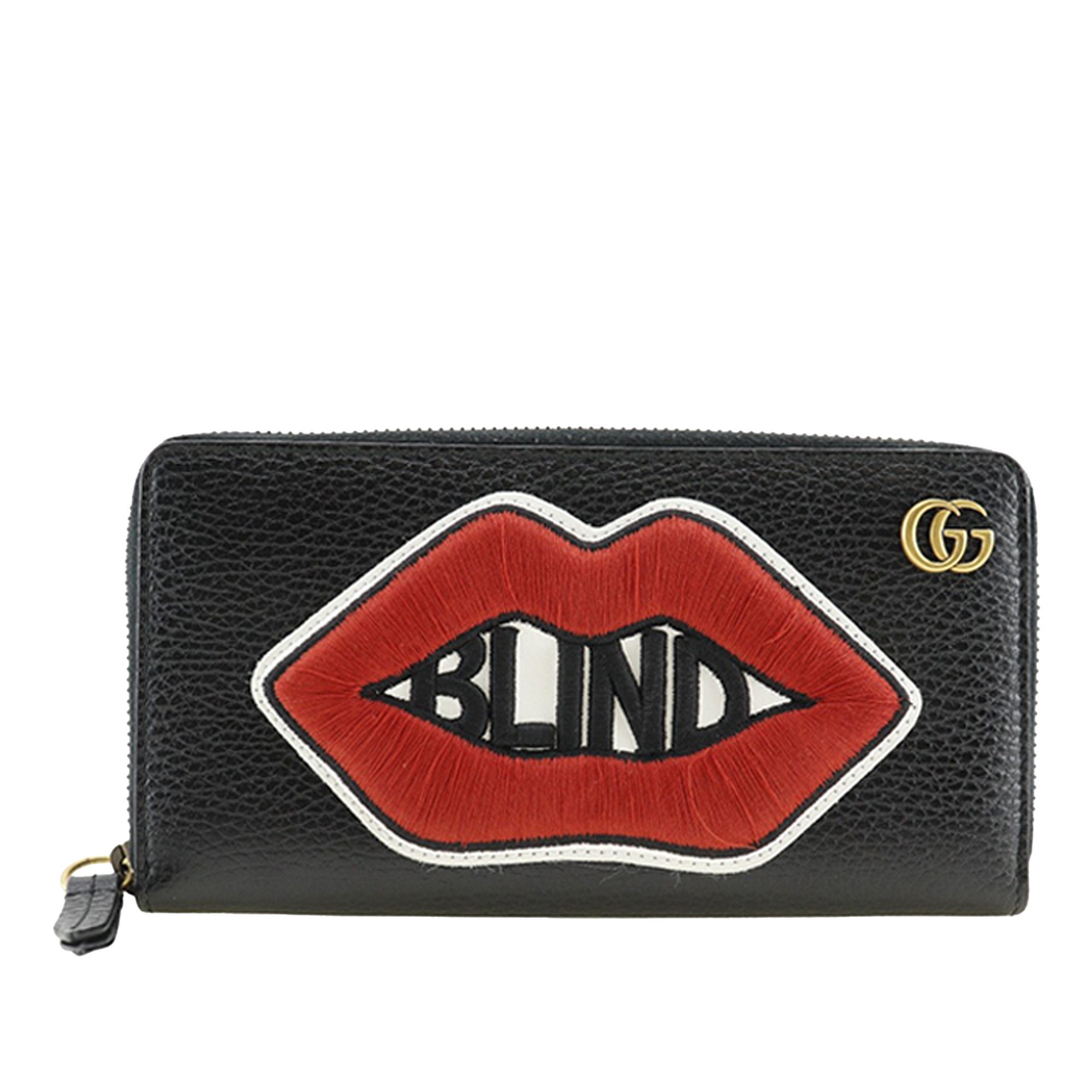 Gucci Gucci GG Marmont Pebbled Calfskin Embroidered Blind For Love Zip Around Wallet Size ONE SIZE - 1 Thumbnail