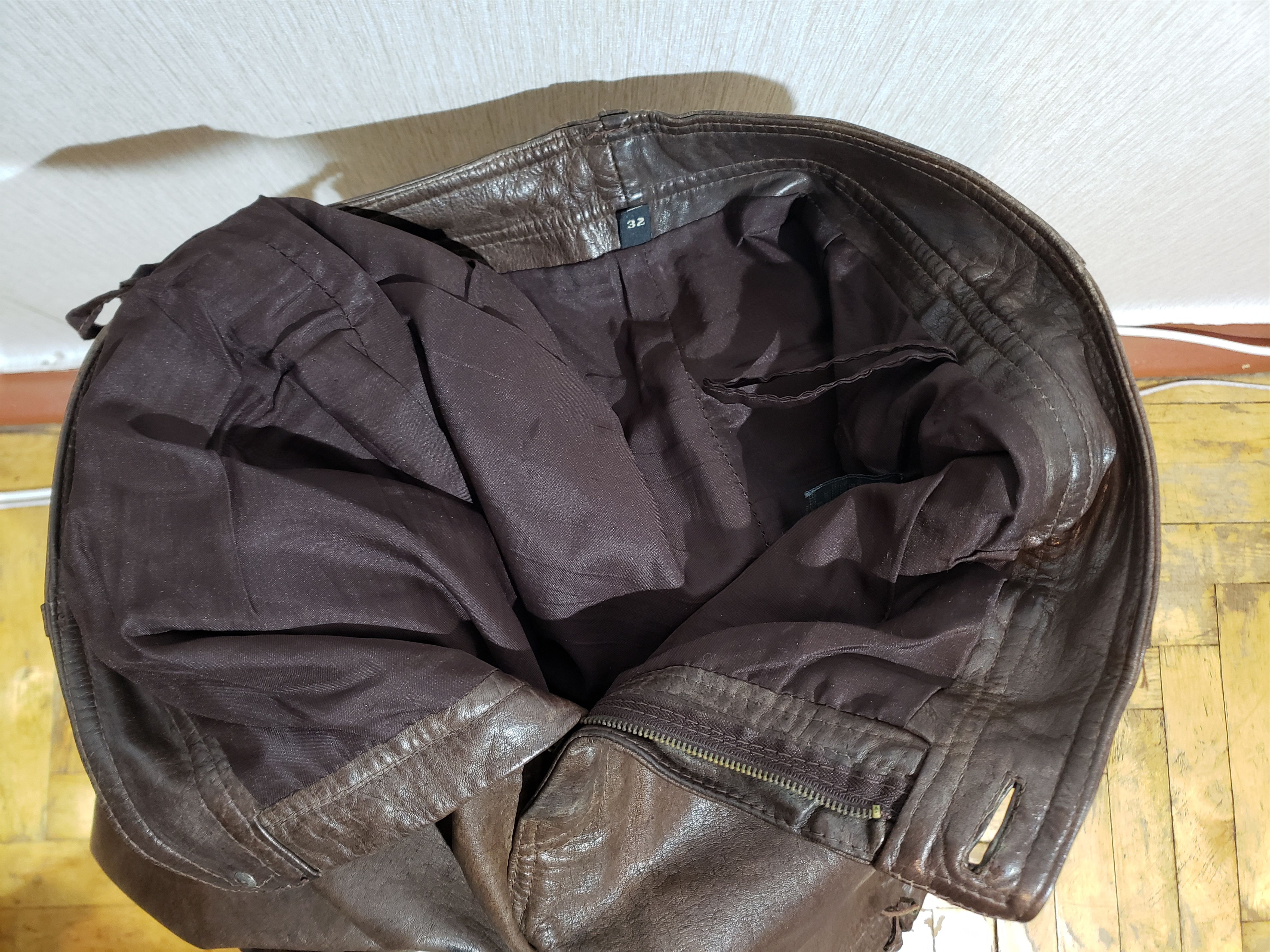 Genuine Leather Brown leather pants with decorative lacing. Size US 33 - 10 Thumbnail