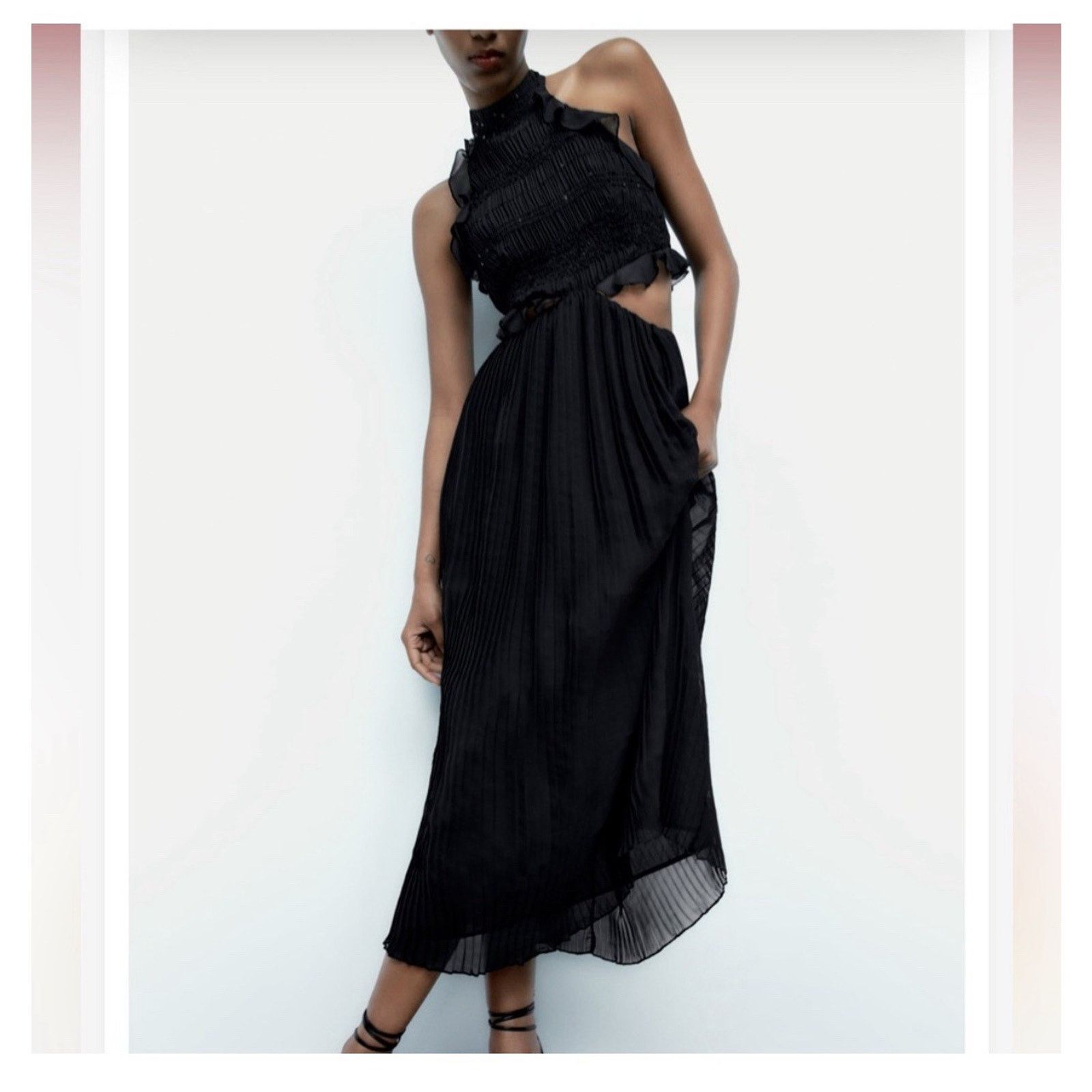 Zara Zara Black Ruffled Pleated Midi Dress Size S Brand New Size S / US 4 / IT 40 - 2 Thumbnail