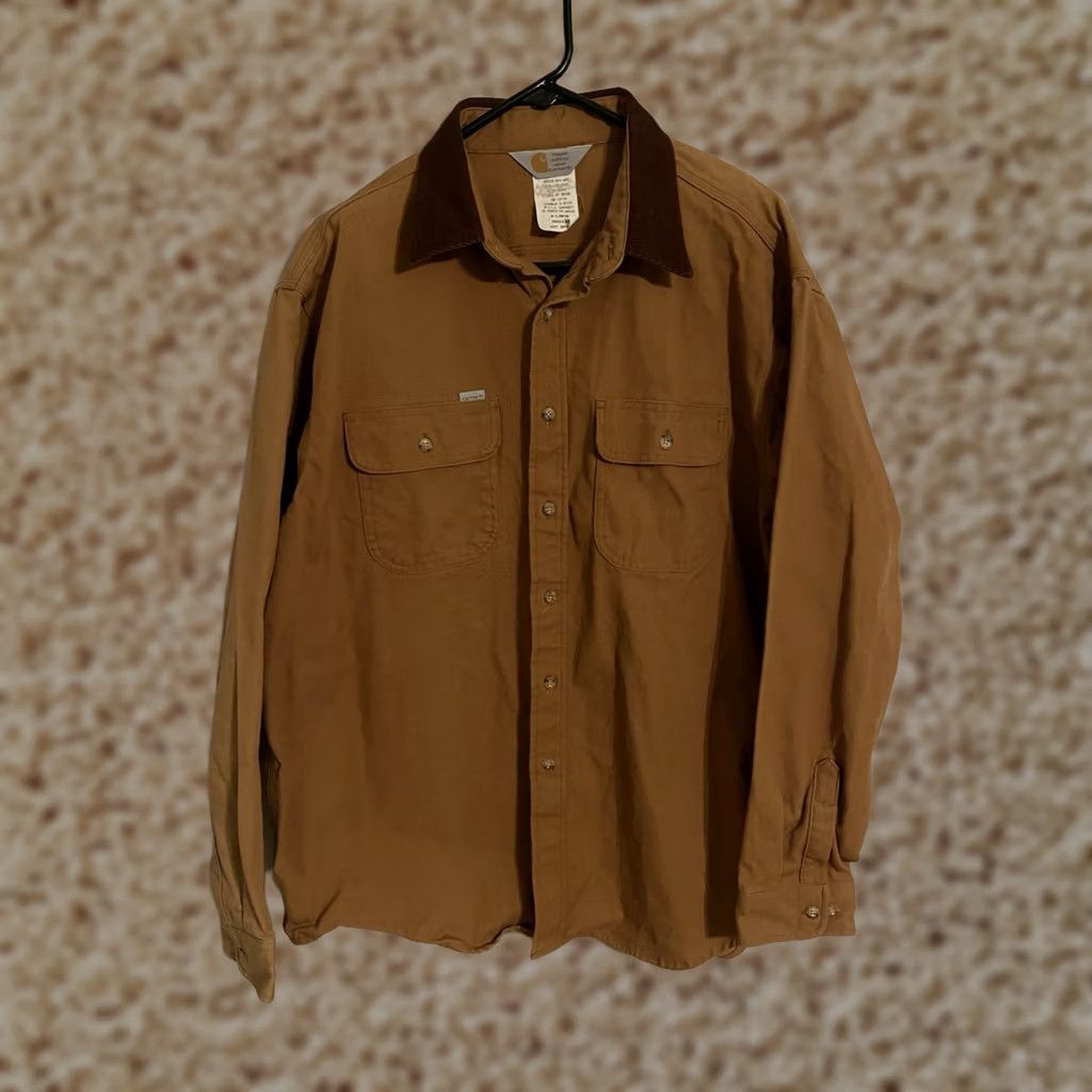 Carhartt VINTAGE Carhartt Brown Duck Canvas Workwear Corduroy Collar L/S Shirt - Men's XLarge Size US XL / EU 56 / 4 - 1 Thumbnail
