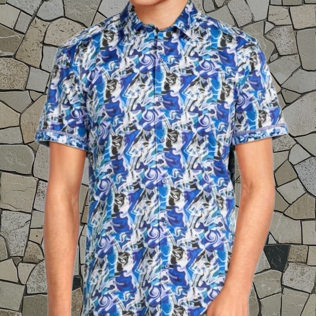 Robert Graham Flynn Shirt Mens Large Blue Abstract Print Short Sleeve Classic Fit New, Men's