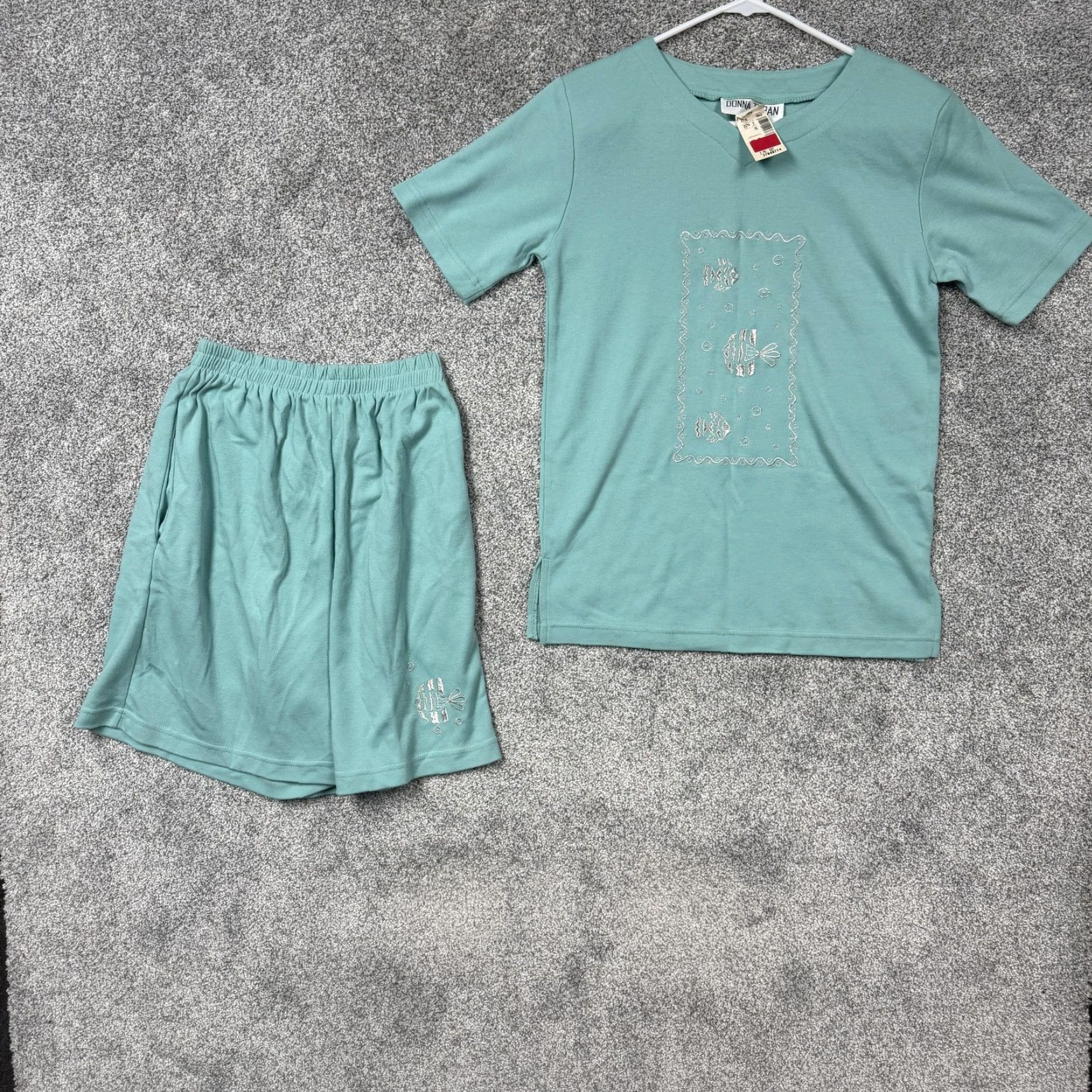Vintage VINTAGE Donna Toran Pajama Set Green Fish Embroidered Knit Sleepwear P/XS Women's Vintage 90s Sleeptime Size ONE SIZE - 2 Thumbnail