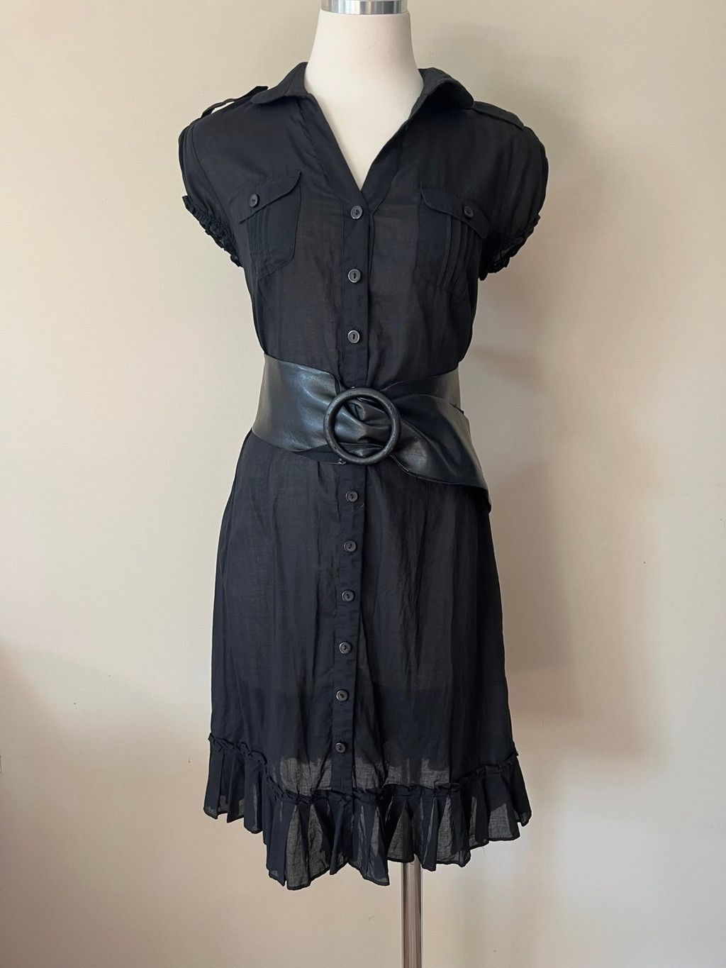 Vintage 1990s - Y2K Black Cotton Button Front Shirt Dress w/Ruffle Size S / US 4 / IT 40 - 7 Thumbnail