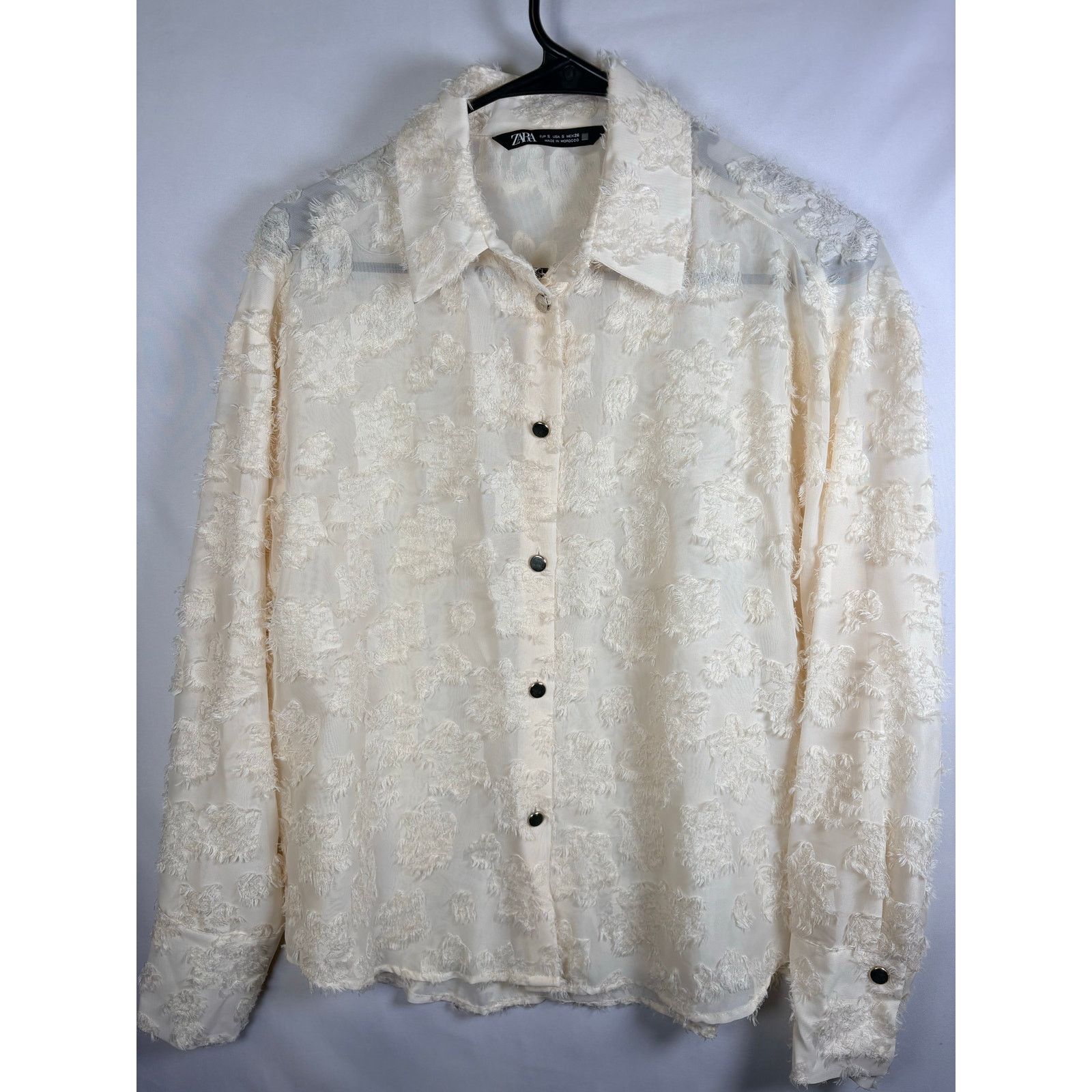 Zara ZARA Textured Floral Lace Blouse Sheer Button Up Cream SZ S Size S / US 4 / IT 40 - 3 Thumbnail