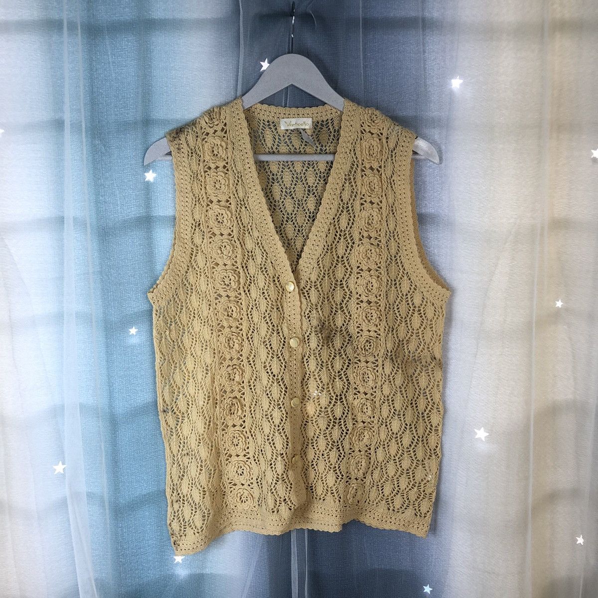 image of Homespun Knitwear x Vintage Venticella Brown Mesh Net Crochet Vest Cardigan 7408, Women's (Size Med
