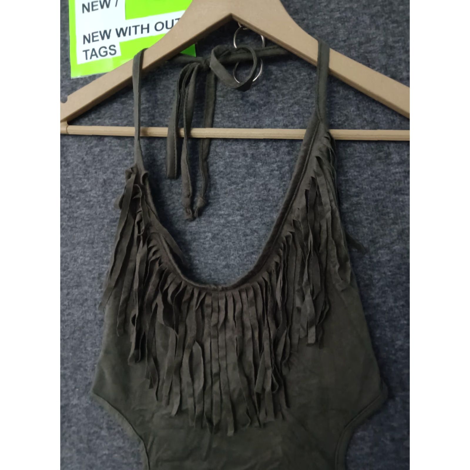 Olive Codigo Fringe Bodysuit Women's Olive Gray L Fringe Color Solid One Piece Adjustable Strap Wireless Polyester Spandex Colorful 90s Womens Size L / US 10 / IT 46 - 3 Thumbnail