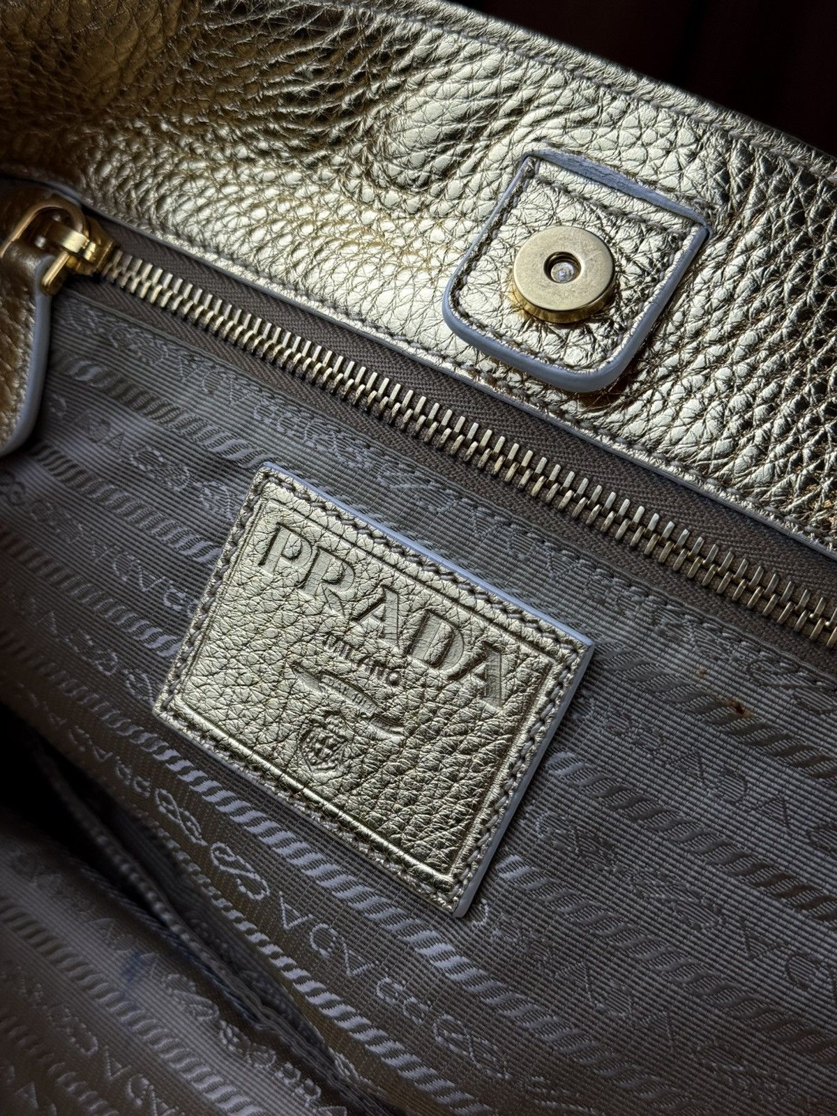 Prada Prada Brown Logo Jacquard Canvas Mettalic Gold Handle Bag Size ONE SIZE - 14 Thumbnail