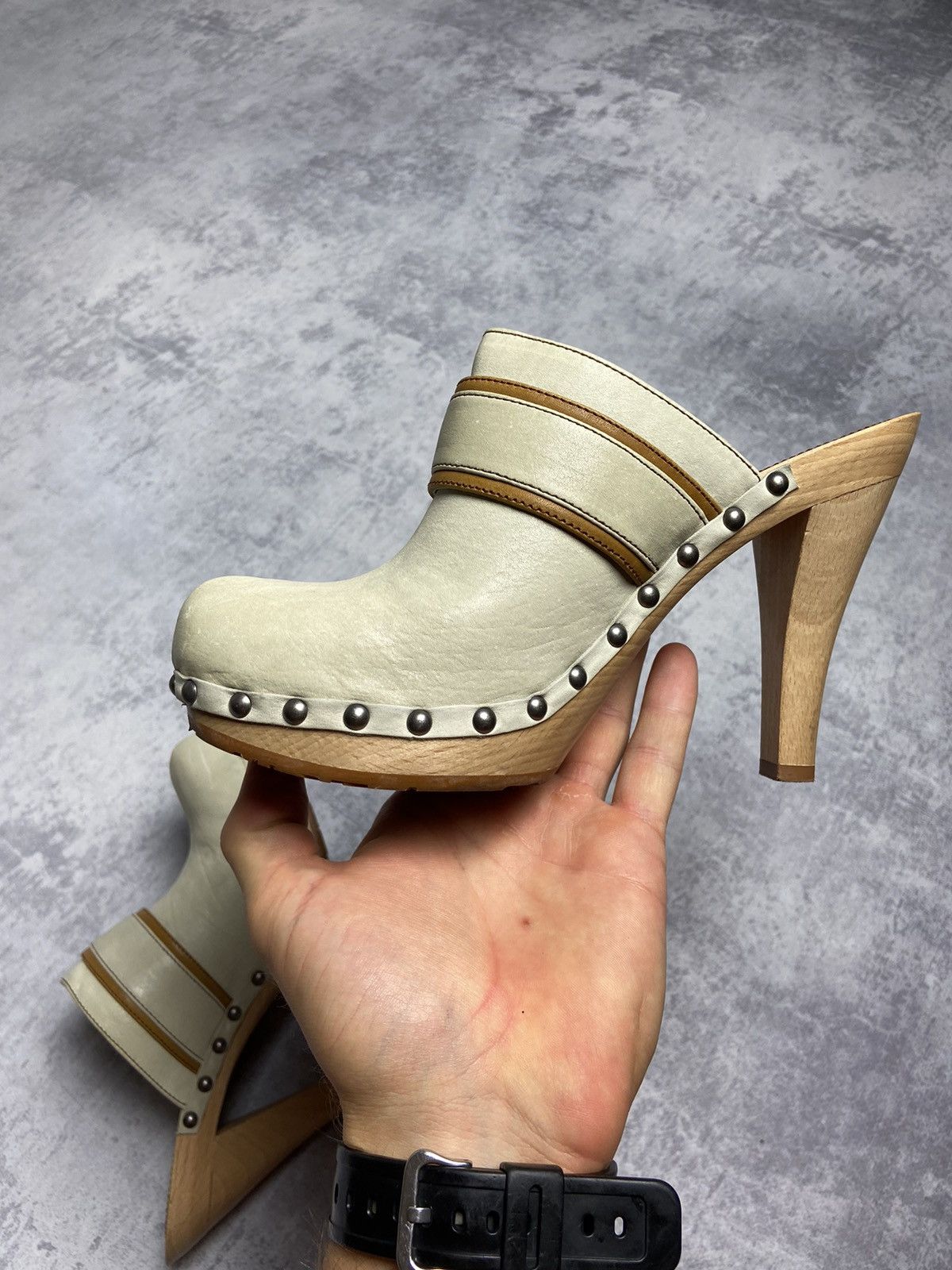 靴 Vintage Dior Buckle Heel Mules Dior Logo Buckle Mule Heels in Denim / Brown UK 4.5 – Nitryl