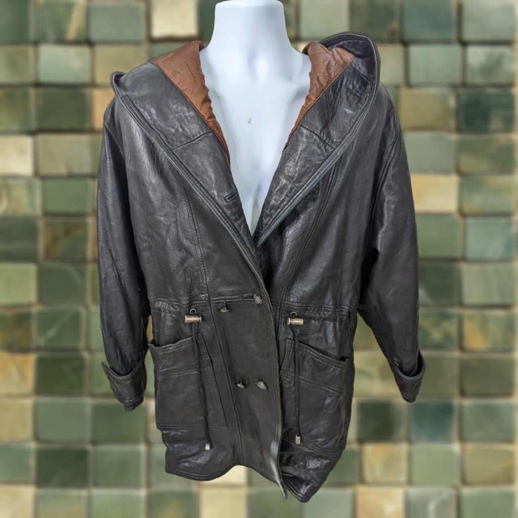 Vintage VINTAGE Leather Jacket Mens Large Black Hooded Motocycle Biker Relaxed Long Jacket Size US L / EU 52-54 / 3 - 1 Thumbnail