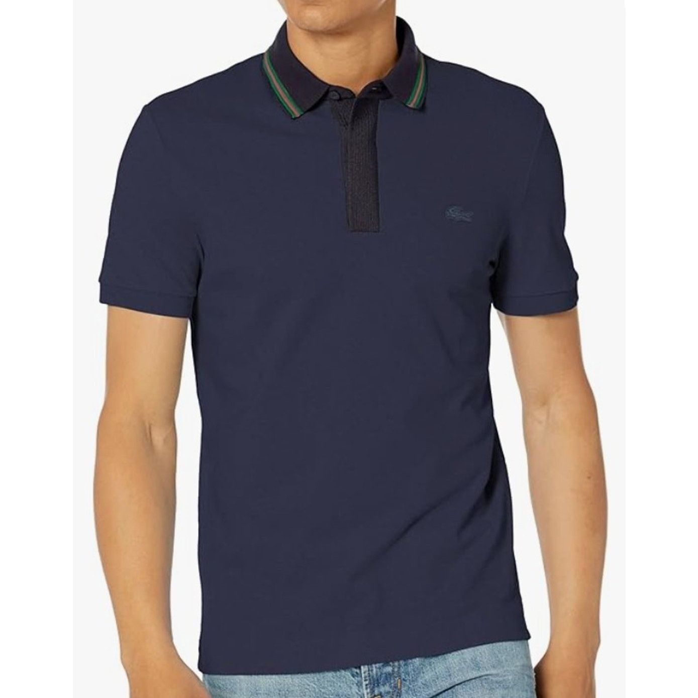 Lacoste Lacoste Men's Short Regular Fit Striped Neck Polo Marine 2XL Size US XXL / EU 58 / 5 - 1 Thumbnail