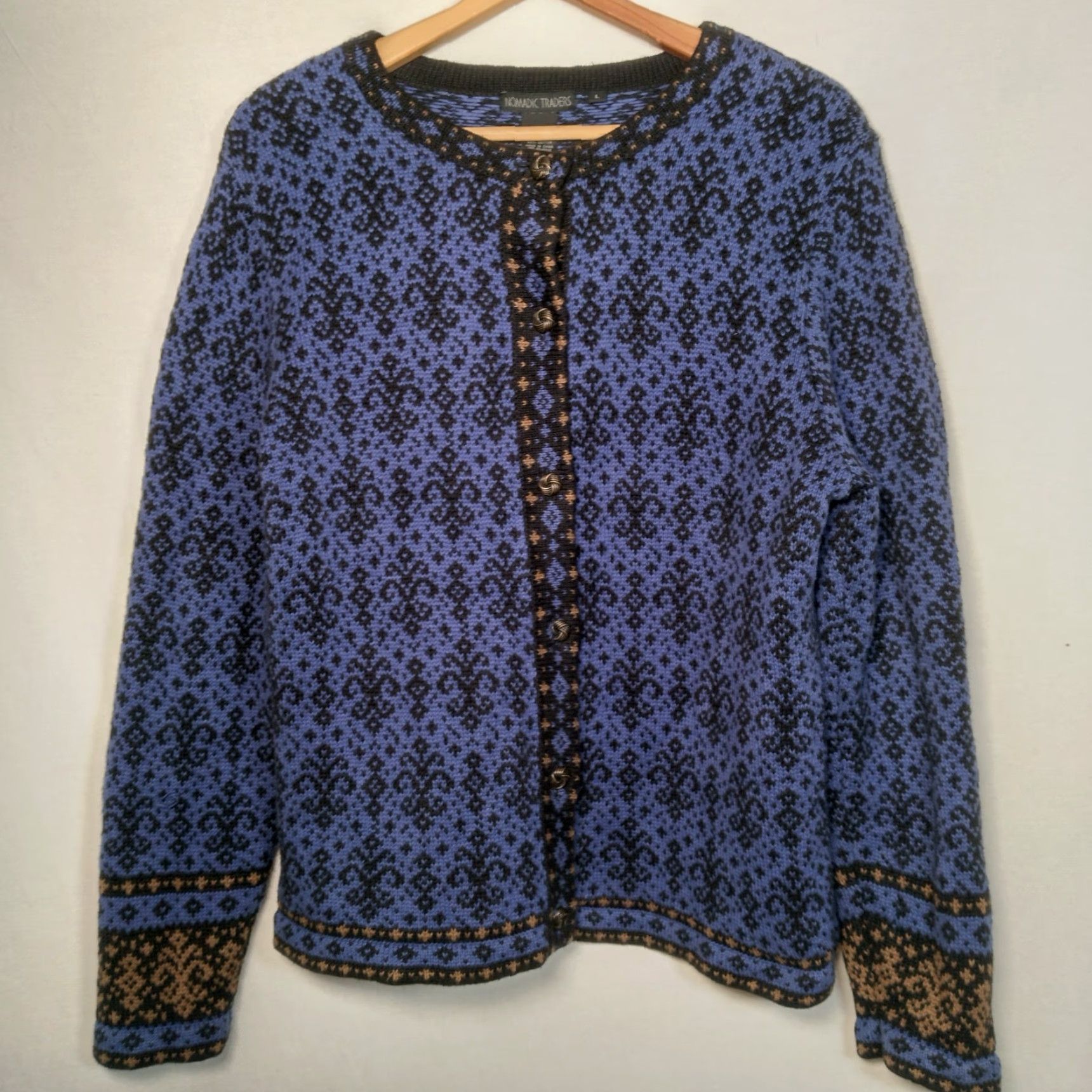 Vintage Nomadic Traders Cardigan Sweater Women L Blue Fleur Di Lis Button Up Nordic Size L / US 10 / IT 46 - 2 Thumbnail