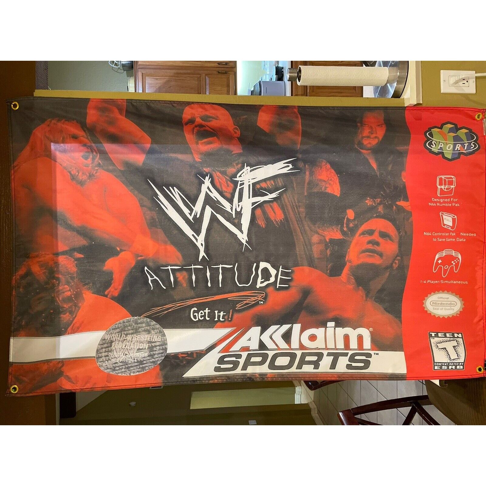 Nintendo WWF Attitude Get It Nintendo N64 5ft Flag Poster 64 WWE WCW Size ONE SIZE - 1 Thumbnail