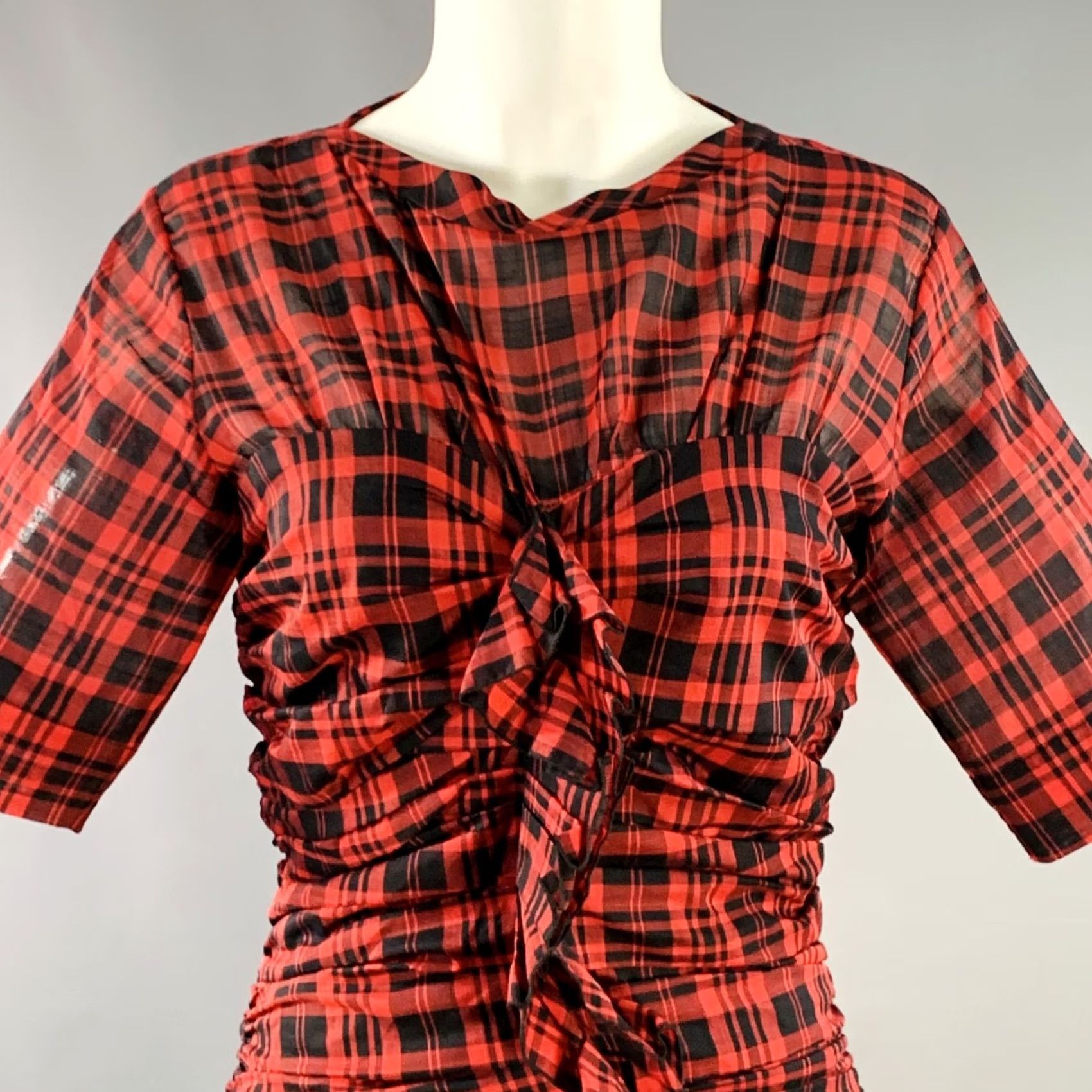 Vintage ISABEL MARANT ETOILE Red Black Plaid Ruched Dress XS Women Size XS / US 0-2 / IT 36-38 - 2 Thumbnail