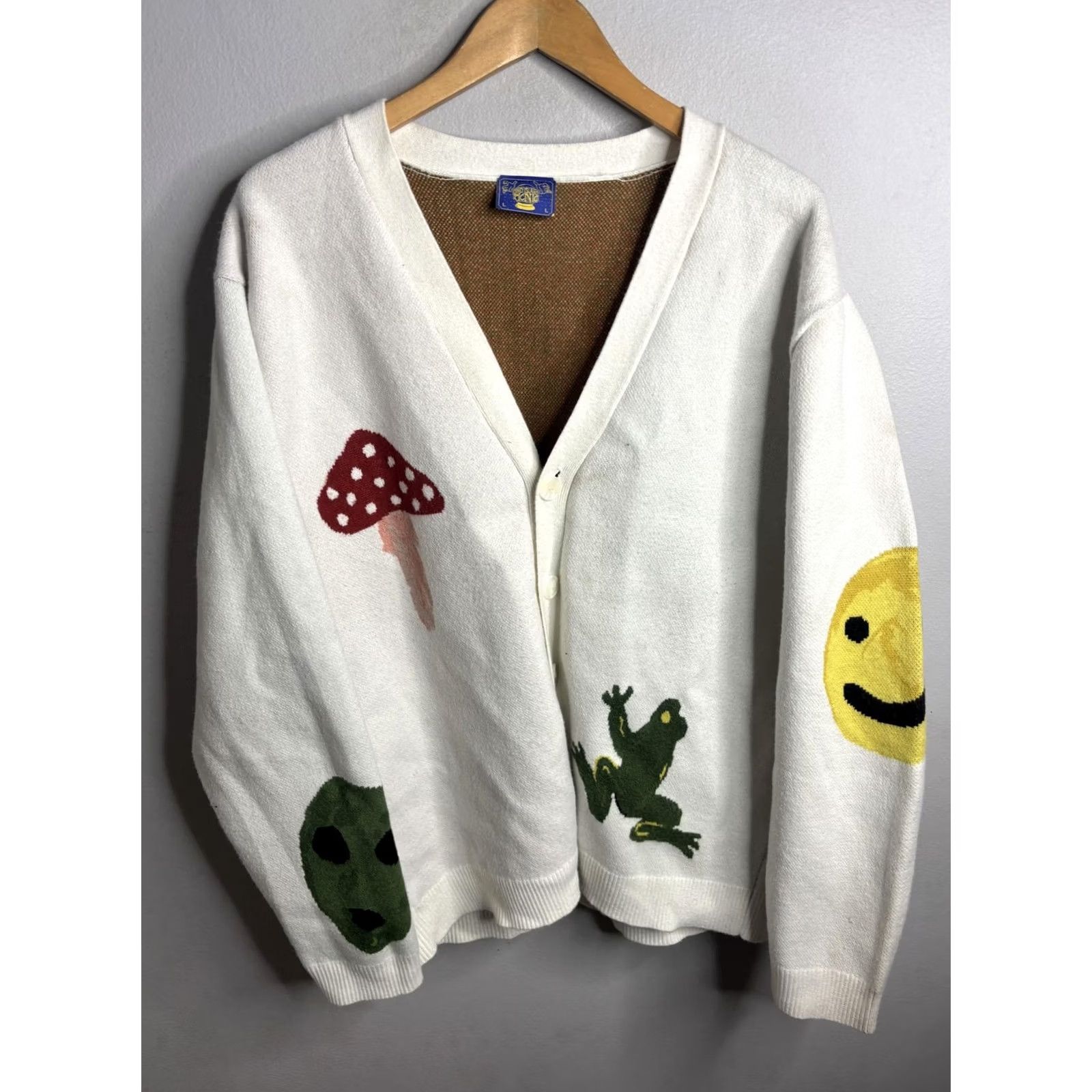 Vintage Coney Island Picnic Mens Cardigan Sweater L White Graphic Frog Mushroom Size US L / EU 52-54 / 3 - 2 Thumbnail