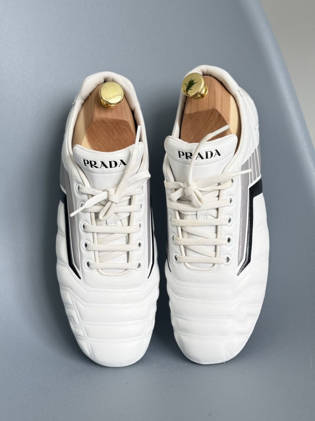 Prada Prada Rev Sneakers White Padded Leather Gray Stripe Low Top Size US 9 / IT 39 - 3 Thumbnail