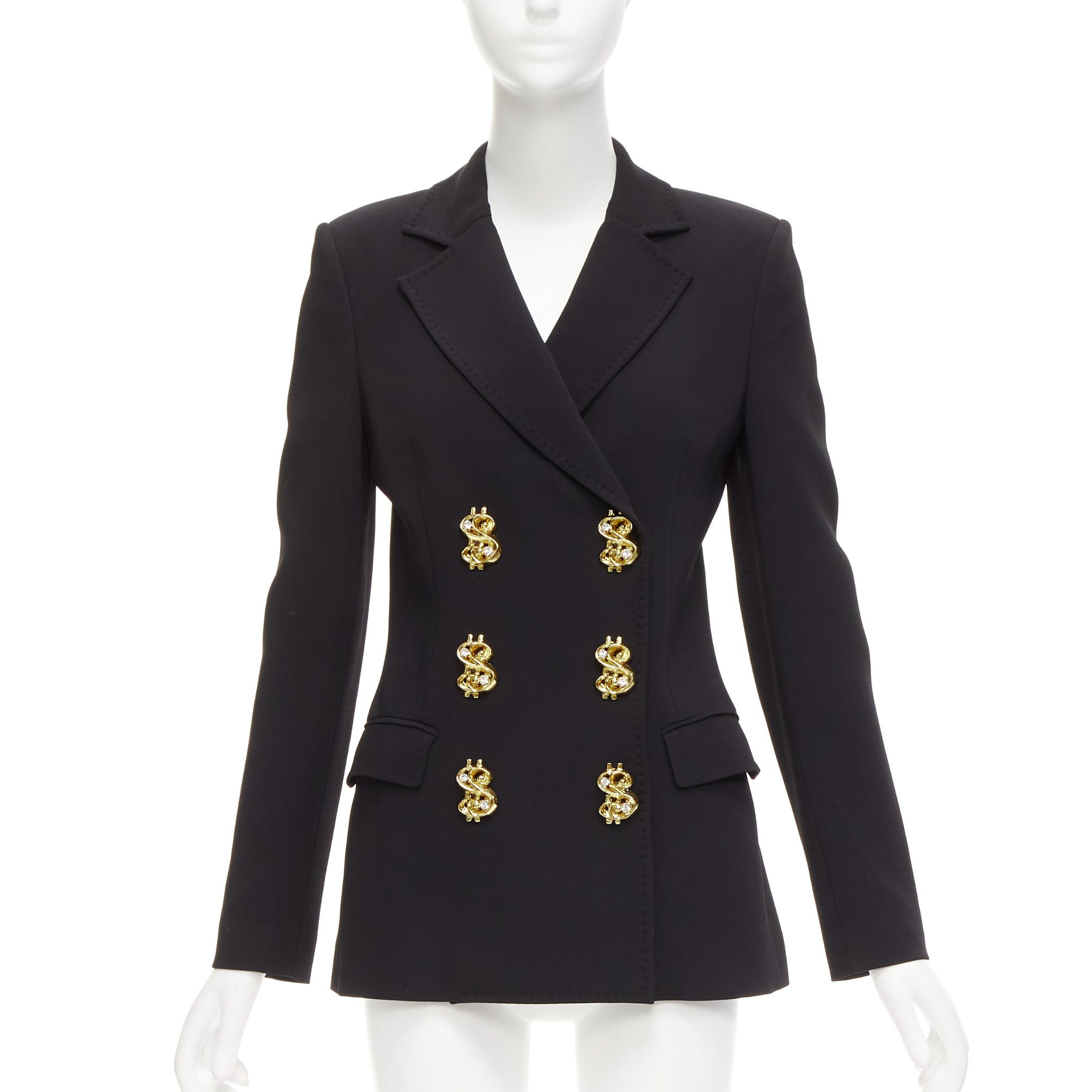 image of Moschino Runway Black Gold Crystal Dollar Sign Button Blazer Jacket It40 S, Women's (Size Small)