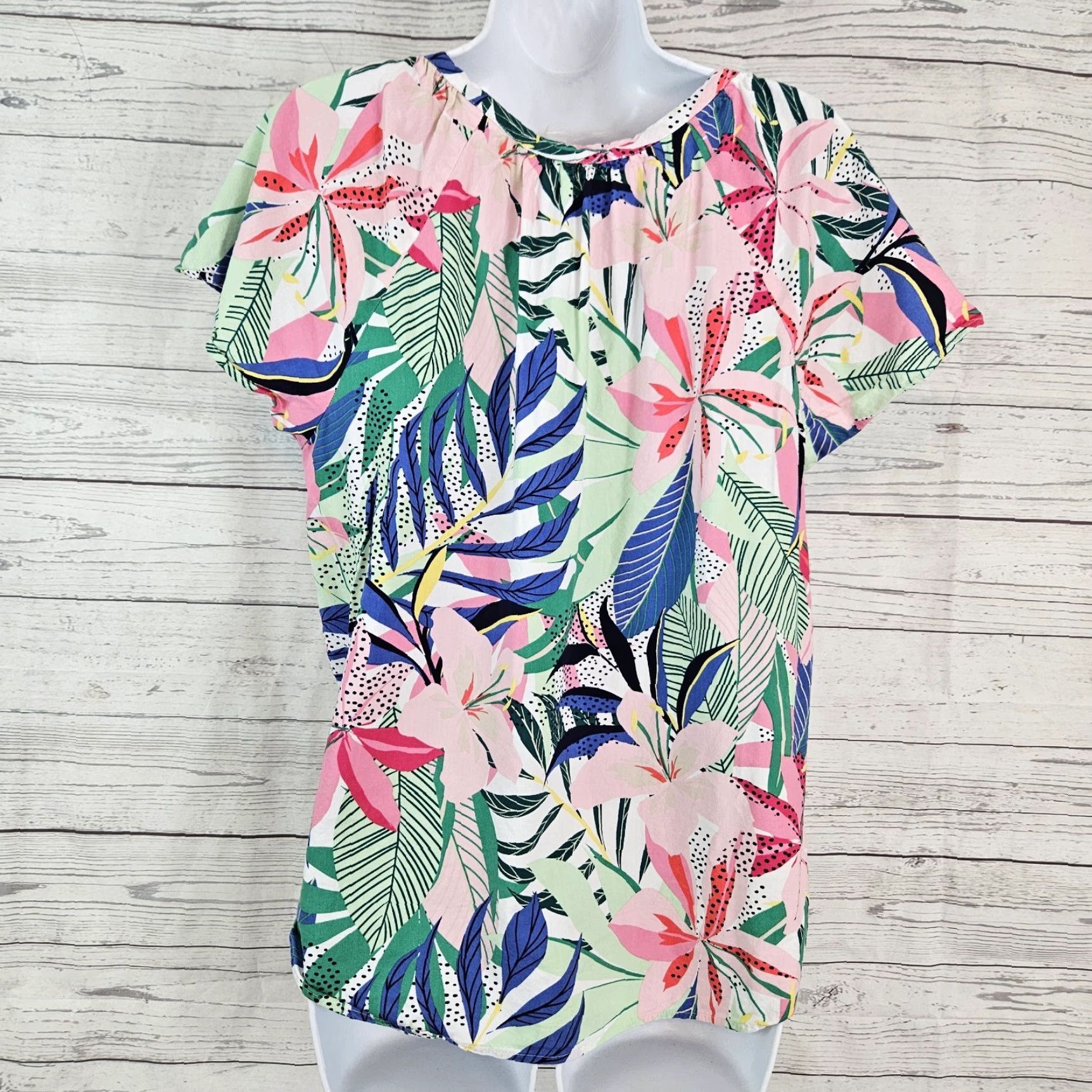 Loft Ann Taylor LOFT Womens Top Sz Large Blue Pink Floral Scoop Neck Cotton Rayon Blouse Shirt Multicolor L Womens Size L / US 10 / IT 46 - 3 Thumbnail