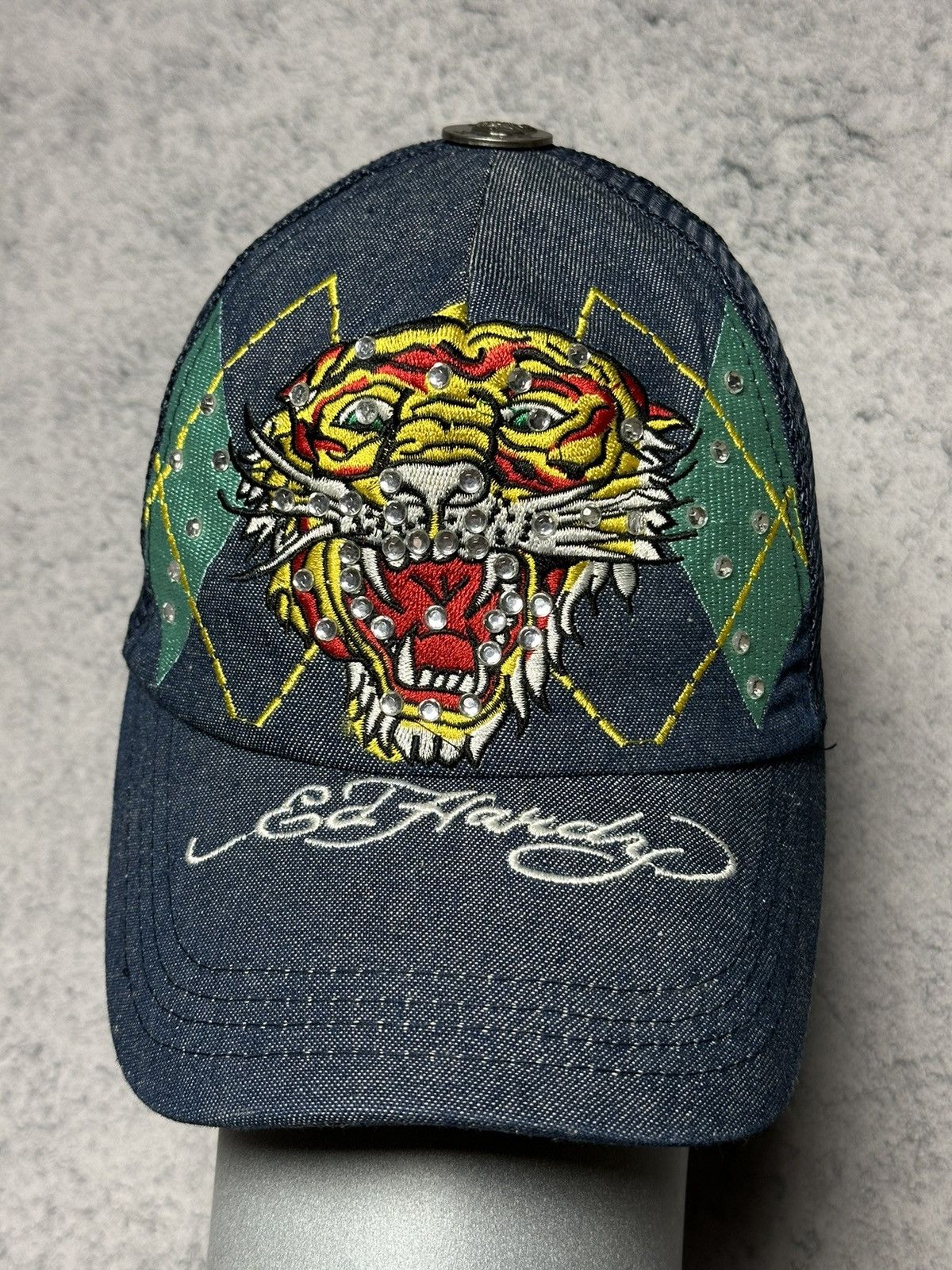 Ed Hardy Vintage Ed Hardy Tiger Logo Denim Rhinestones Trucker Cap Size ONE SIZE - 2 Thumbnail