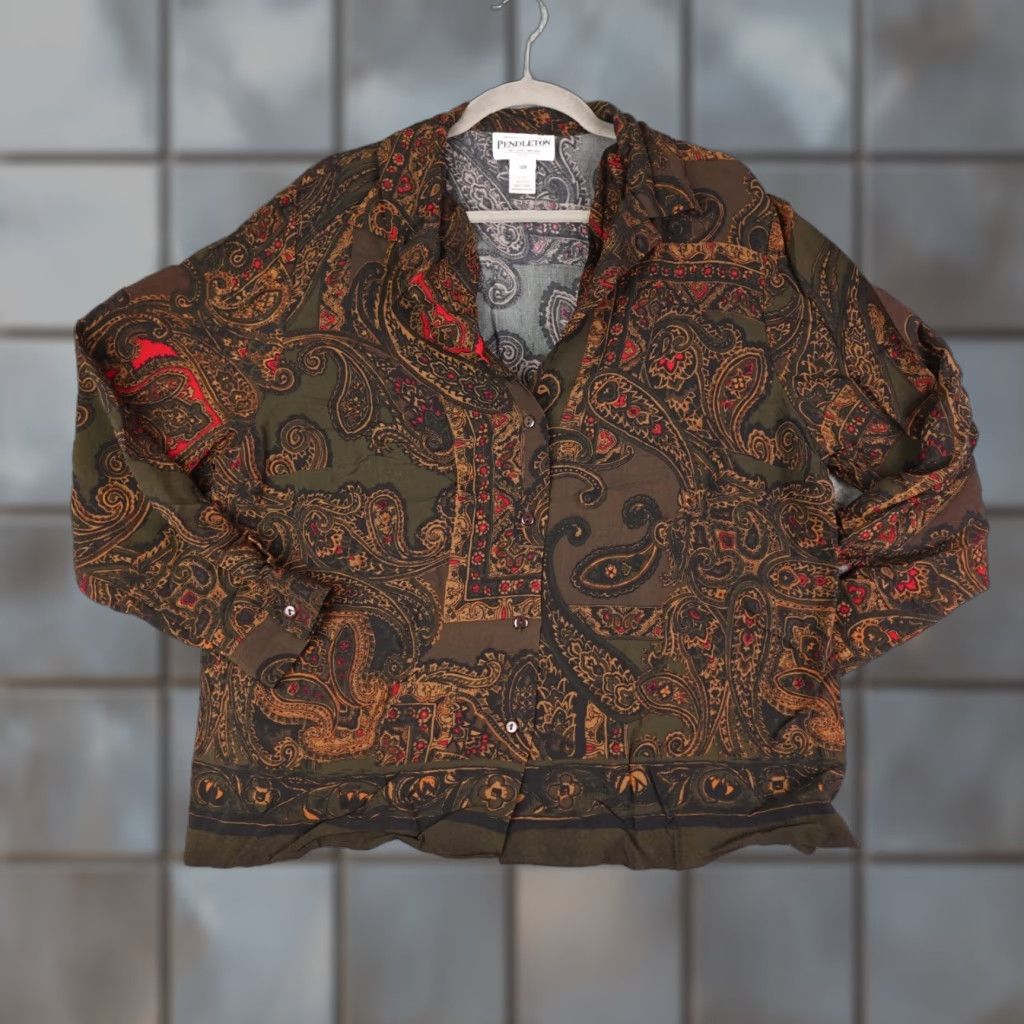 Pendleton VINTAGE Pendleton Shirt Womens 14W Brown Paisley Long Sleeve 100% Rayon V-Neck Boho Mens? Size XL / US 12-14 / IT 48-50 - 1 Thumbnail