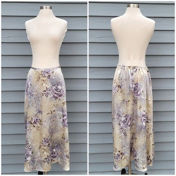 Vintage Vintage 90s y2k Kathy Lee Blue Tan Satin Purple Floral Midi Size 34" / US 12 / IT 48 - 3 Thumbnail