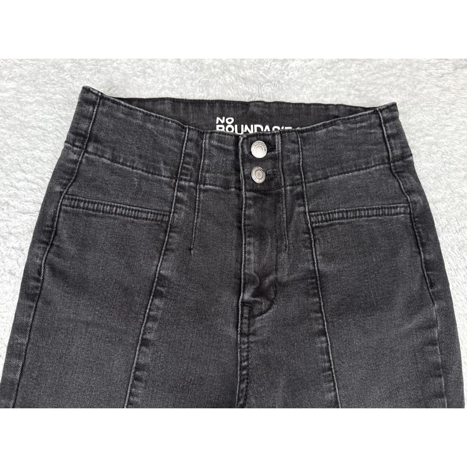 Vintage No Boundaries Jeans Womens 4 Black Gray Rise Flare Double Button Stretch Zip Denim Jeans Slim Fit Mid Rise 5-Pocket Womens Size 27" / US 4 / IT 40 - 4 Thumbnail