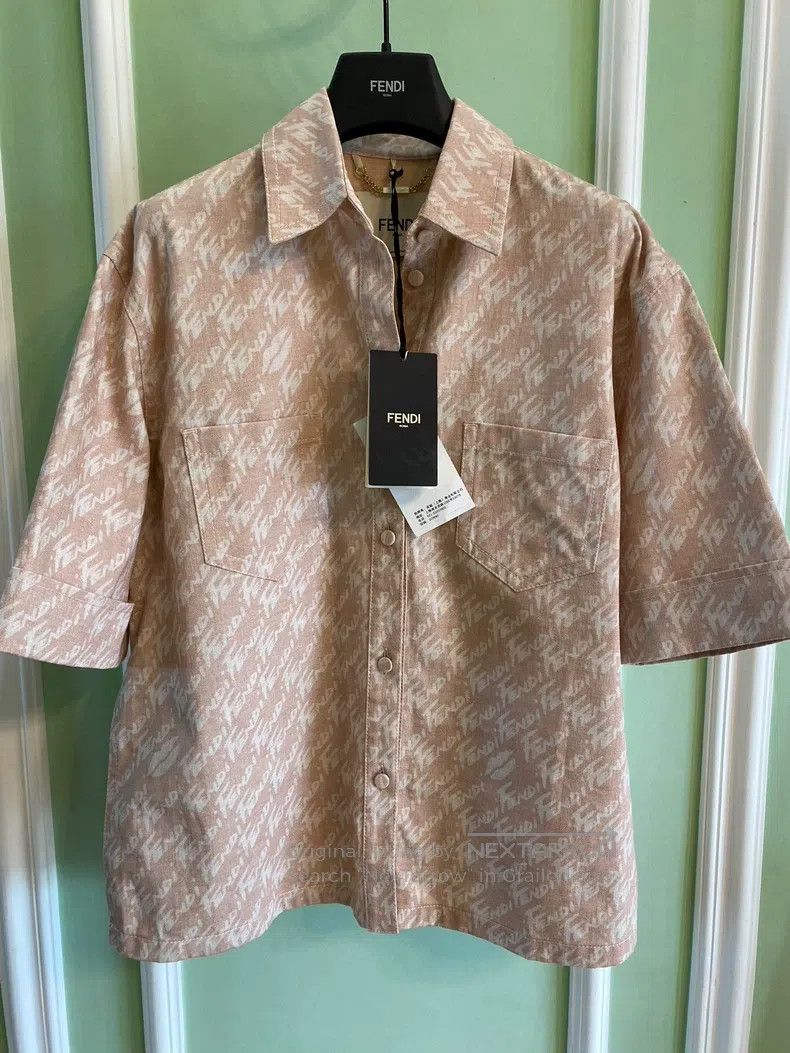 Fendi All-Over Printed Logo Denim Short Sleeve Shirt