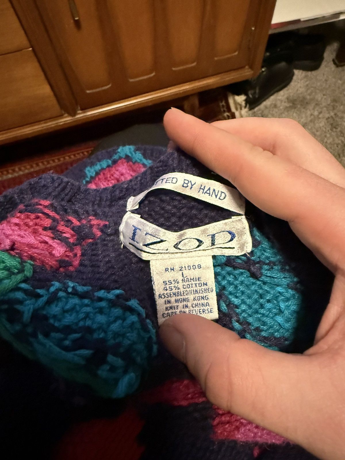 Vintage Izod hand knit floral cardigan blue pink Size US L / EU 52-54 / 3 - 4 Thumbnail