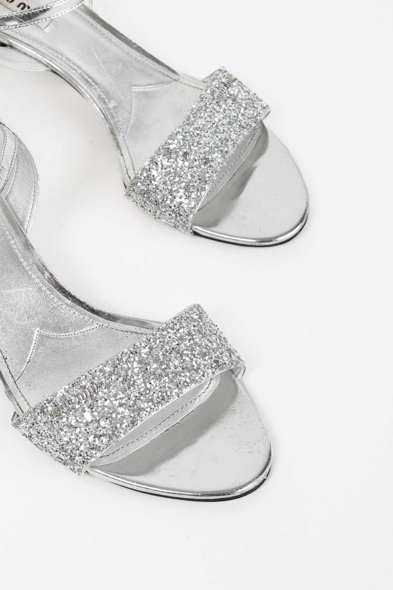 Miu Miu Miu Miu Silver Glitter & Leather Low-Heel Sandals Size US 7.5 / IT 37.5 - 5 Thumbnail