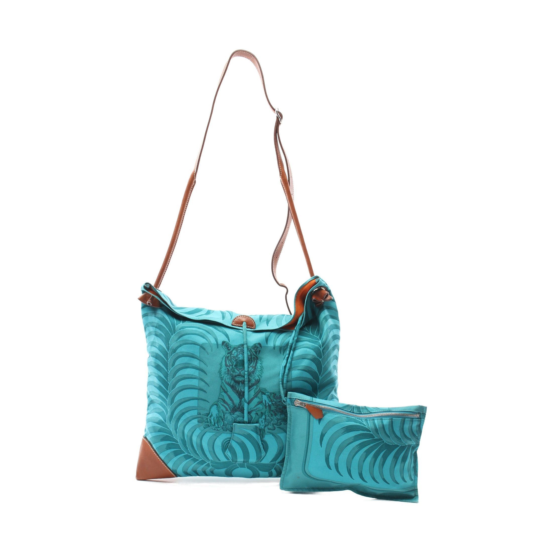 image of Hermes Silky City Pm Tigre Royal Shoulder Bag Silk Veau Barenia Blue Green Brown Silver Hardware □ 