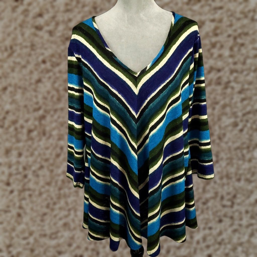 Vintage Womens Tunic Top Size 2X Blue Green White Striped V Neck Pullover Blouse Stretch Size XXL / US 16-18 / IT 52-54 - 1 Thumbnail