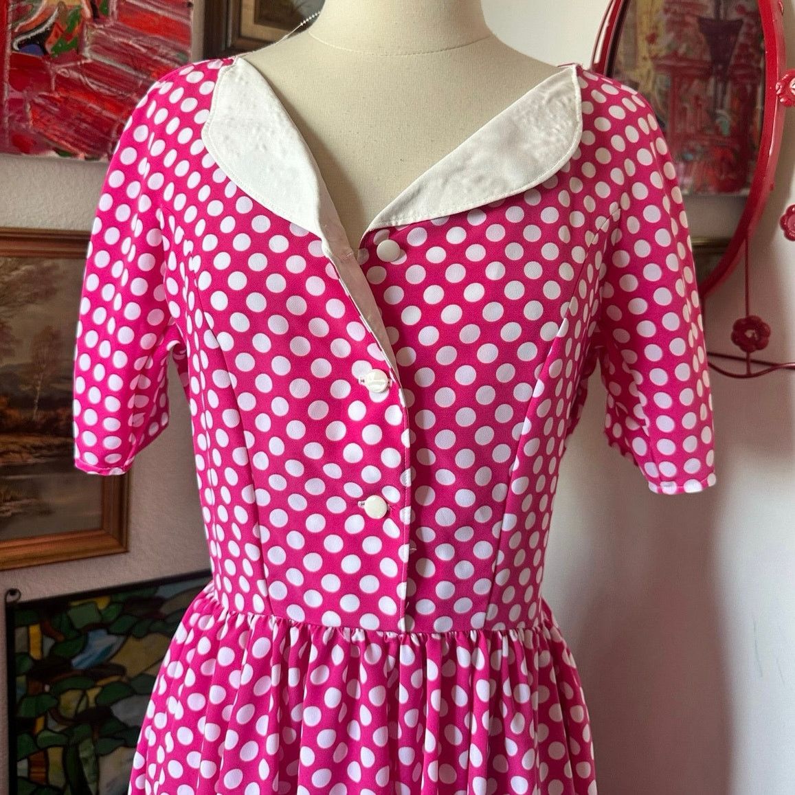 Handmade handmade pink white polka dot button up dress costume Size M / US 6-8 / IT 42-44 - 3 Thumbnail