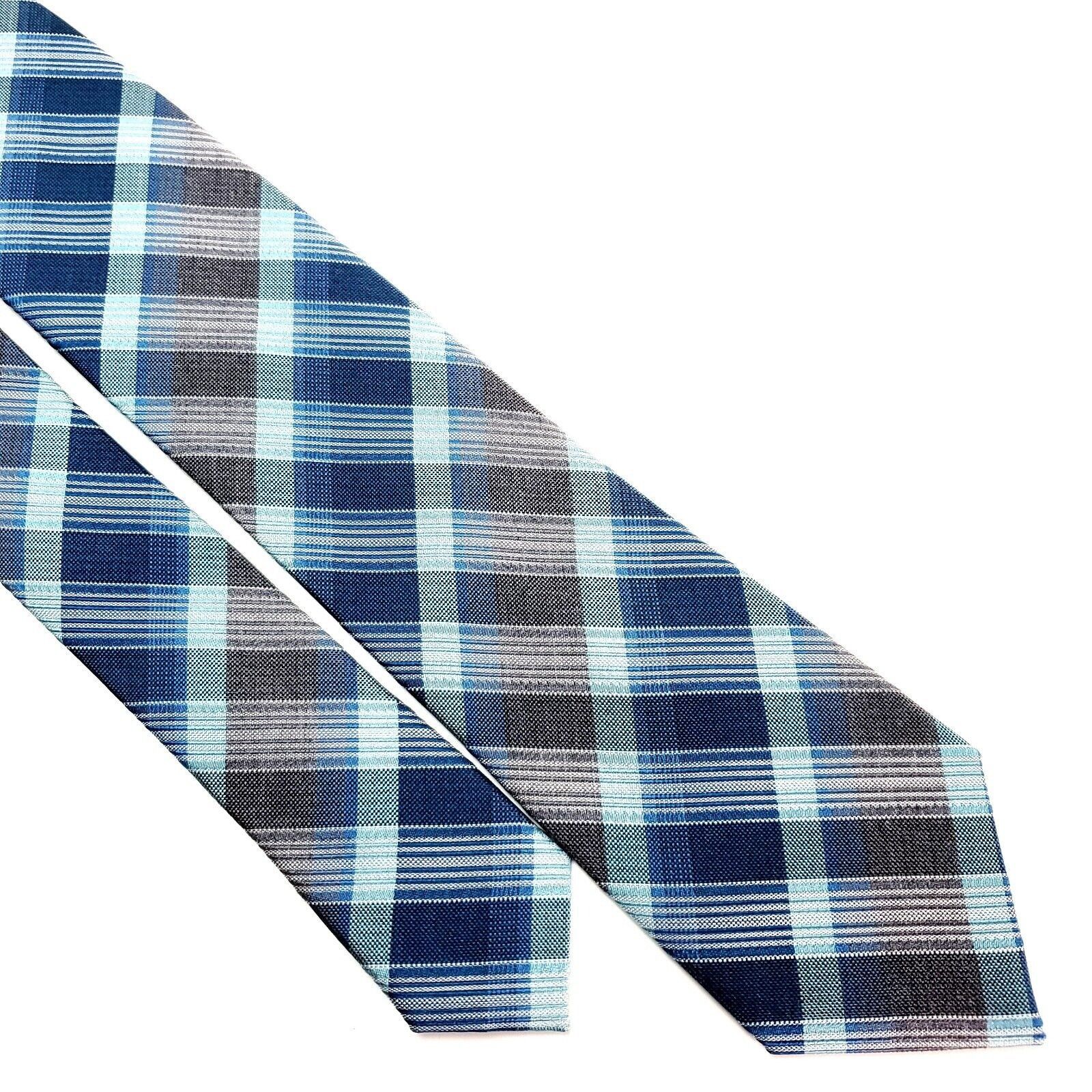 Kenneth Cole Kenneth Cole Reaction Silk Tie Blue Gray Plaid Skinny Woven Size ONE SIZE - 1 Thumbnail