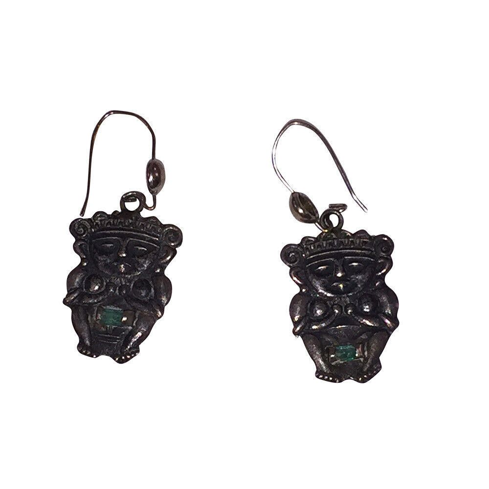 Designer Silver Figurine Colombian Emerald Baguette Dangle Earrings Size ONE SIZE - 2 Thumbnail
