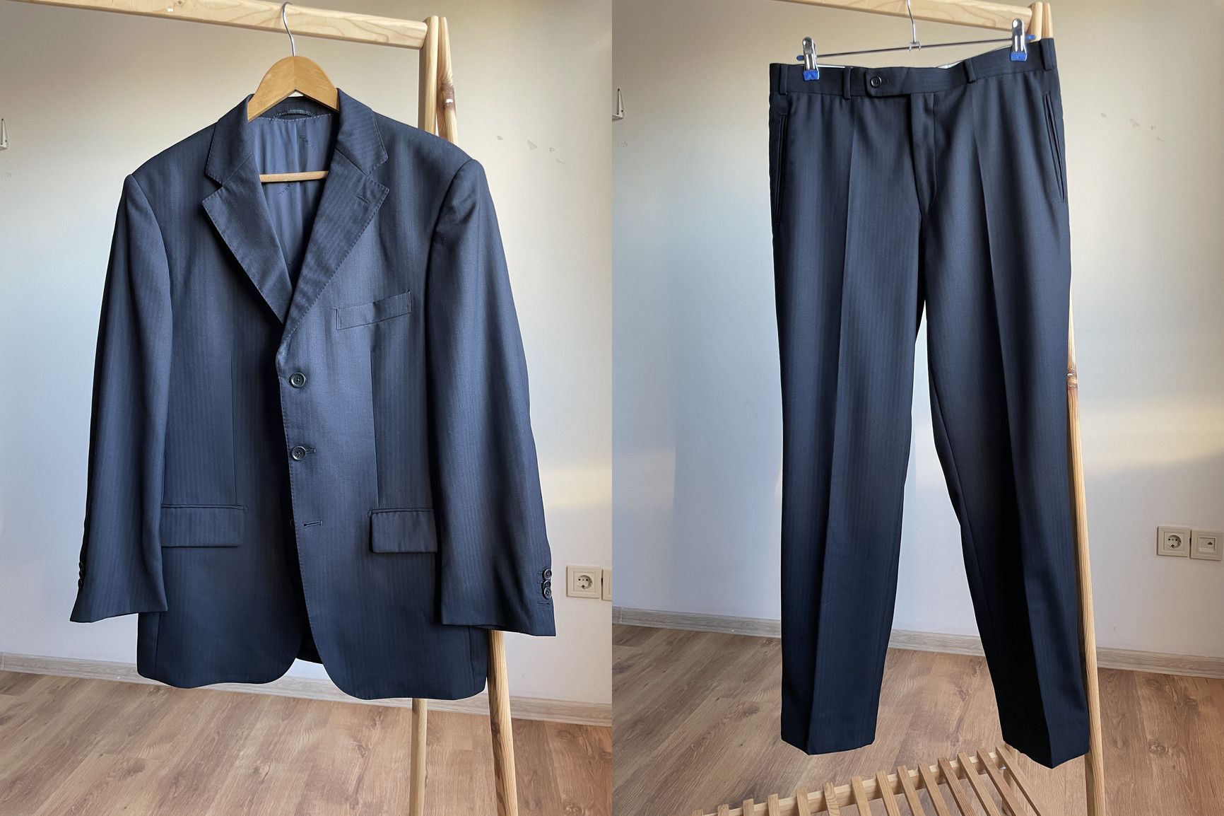 SCABAL Scabal Herringbone Wool 3 Button Wool Navy Suit Size EUR 50 Size 40R - 1 Thumbnail