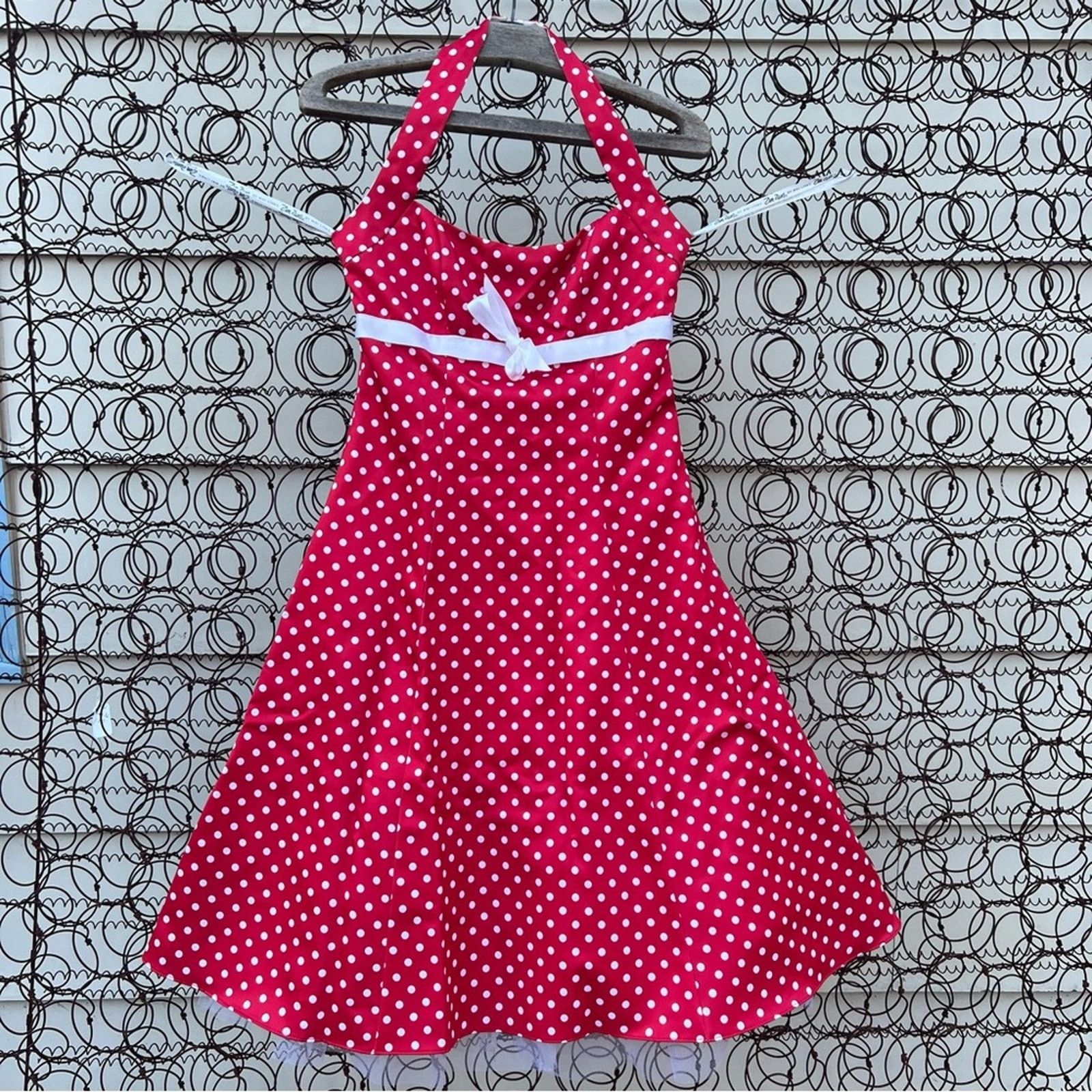 Image of Vintage 90's Red White Polkadot Halter Pinup Rockabilly Prom Dress, Women's (Size XS)