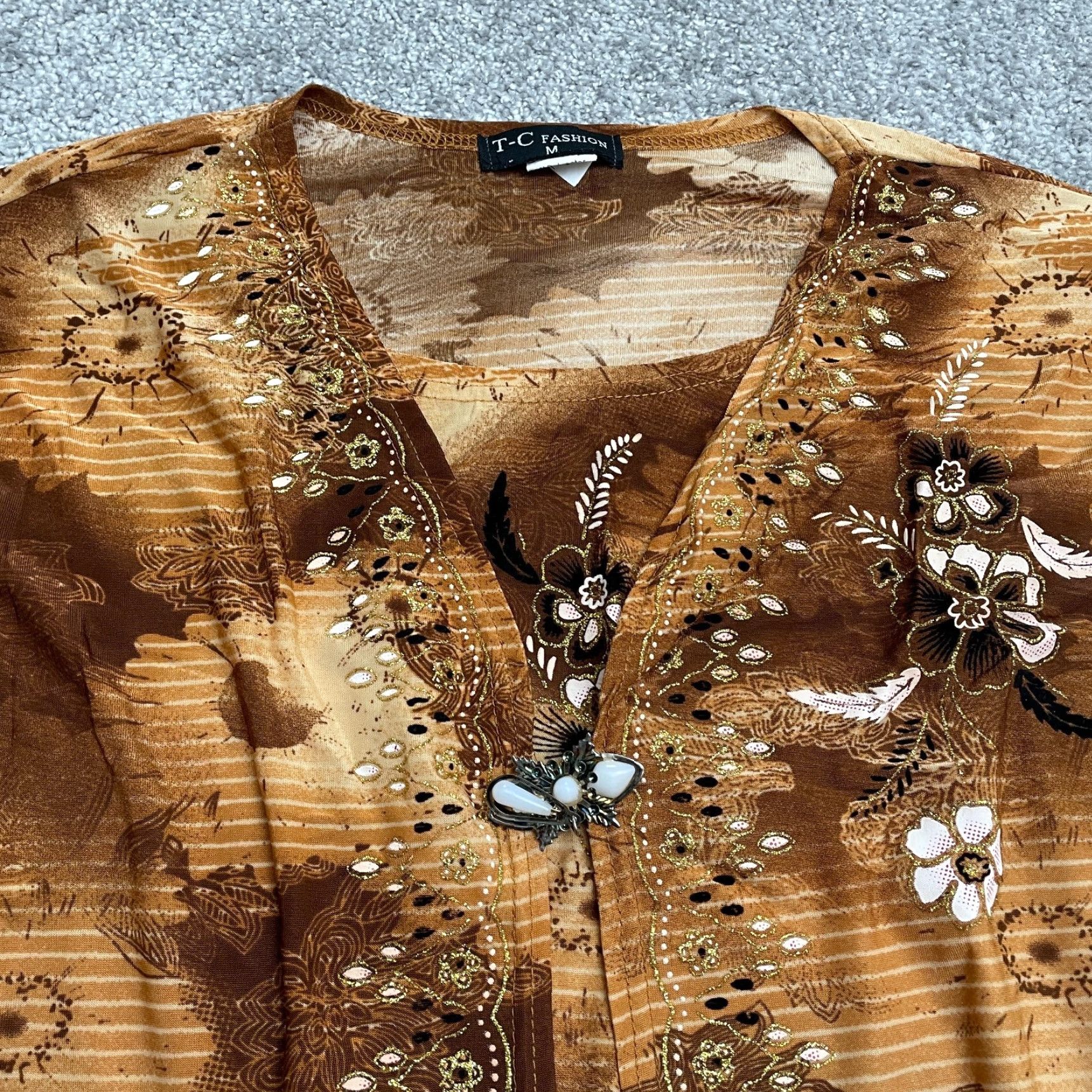 Vintage T-C Fashion Open Cover Up Top Womens Medium Brown Floral Casual Bohemian Knit V-Neck Short Sleeve Lightweight Stretch Shirt Blouse Beach Kimono Size M / US 6-8 / IT 42-44 - 5 Thumbnail