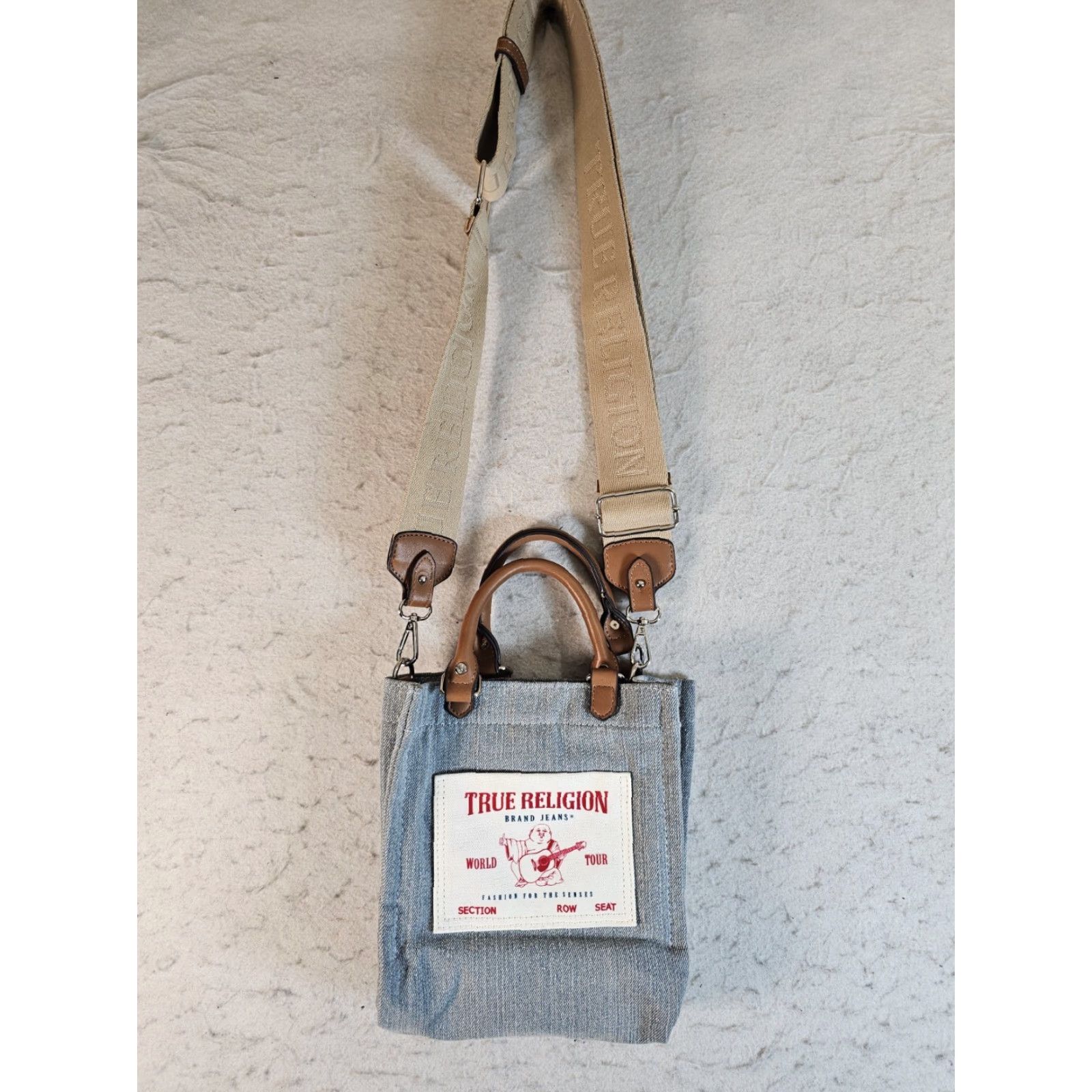 True Religion TRUE RELIGION Mini Tote Crossbody Denim Bag 8in 7in 4in Blue White Ivory Lining Removable Embroidered Strap Adjustable Strap Womens Vintage No N/A Size ONE SIZE - 2 Thumbnail