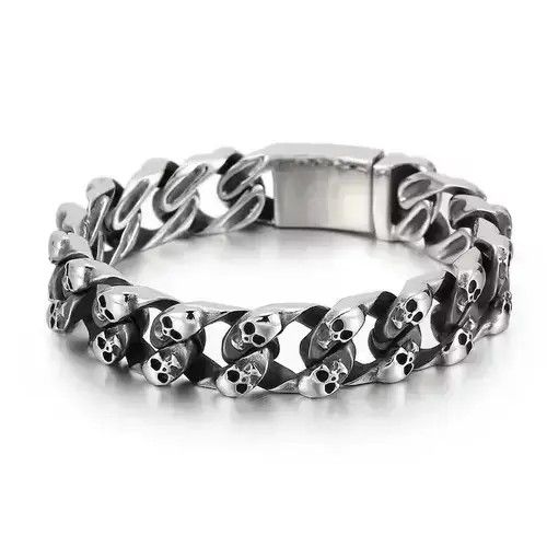 Jewelry Skull Bone Cuban Chain Bracelet in Silver, Men's